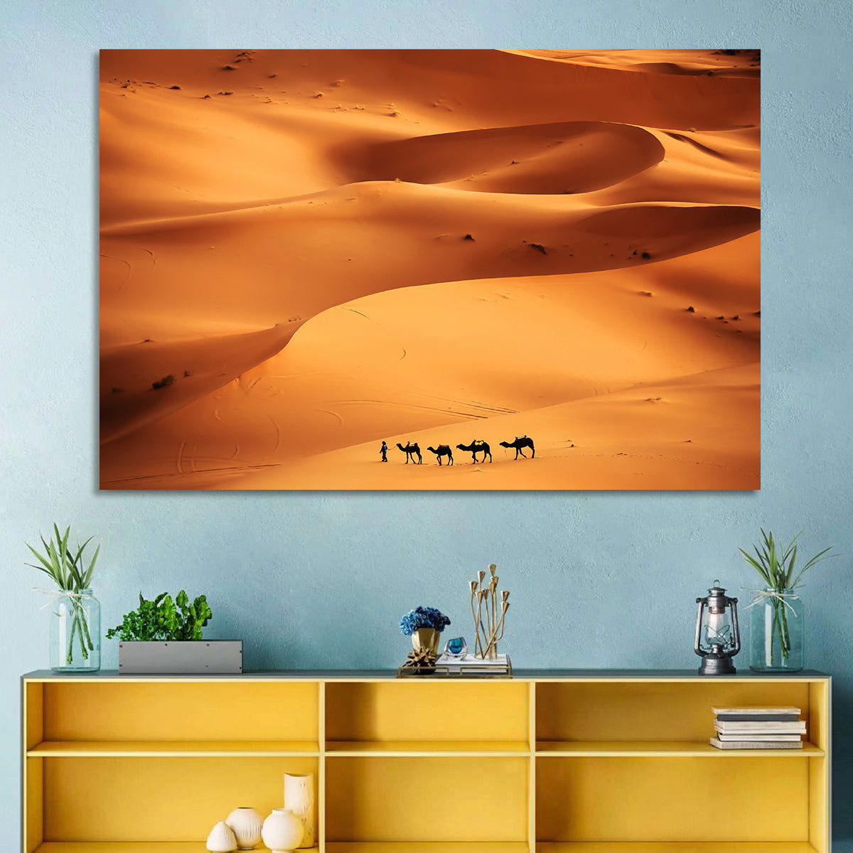 Desert Camel Caravan in Golden Dunes Wall Art in a room, landscape