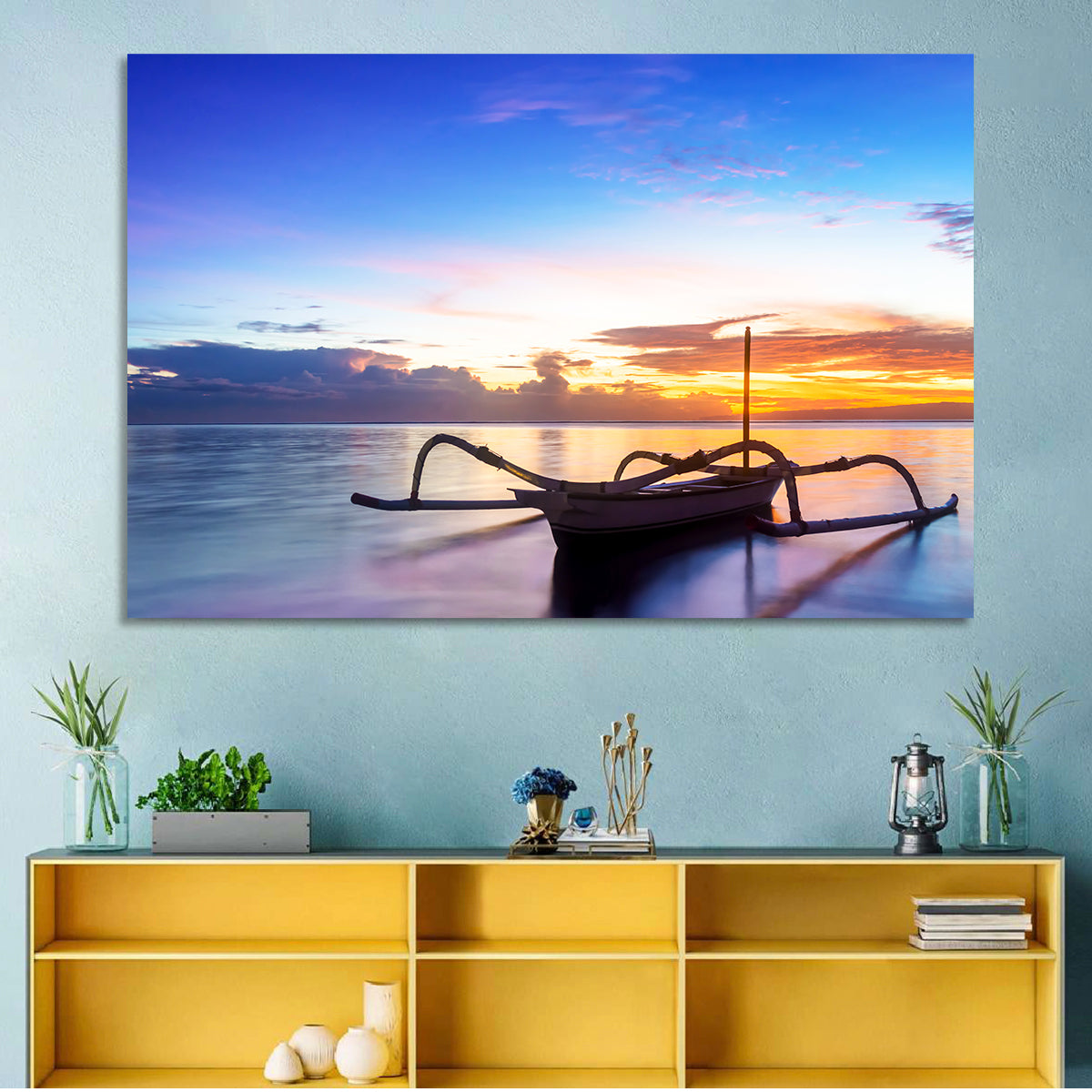 Jukung Fishing Boat at Sunset Wall Art in a room, landscape