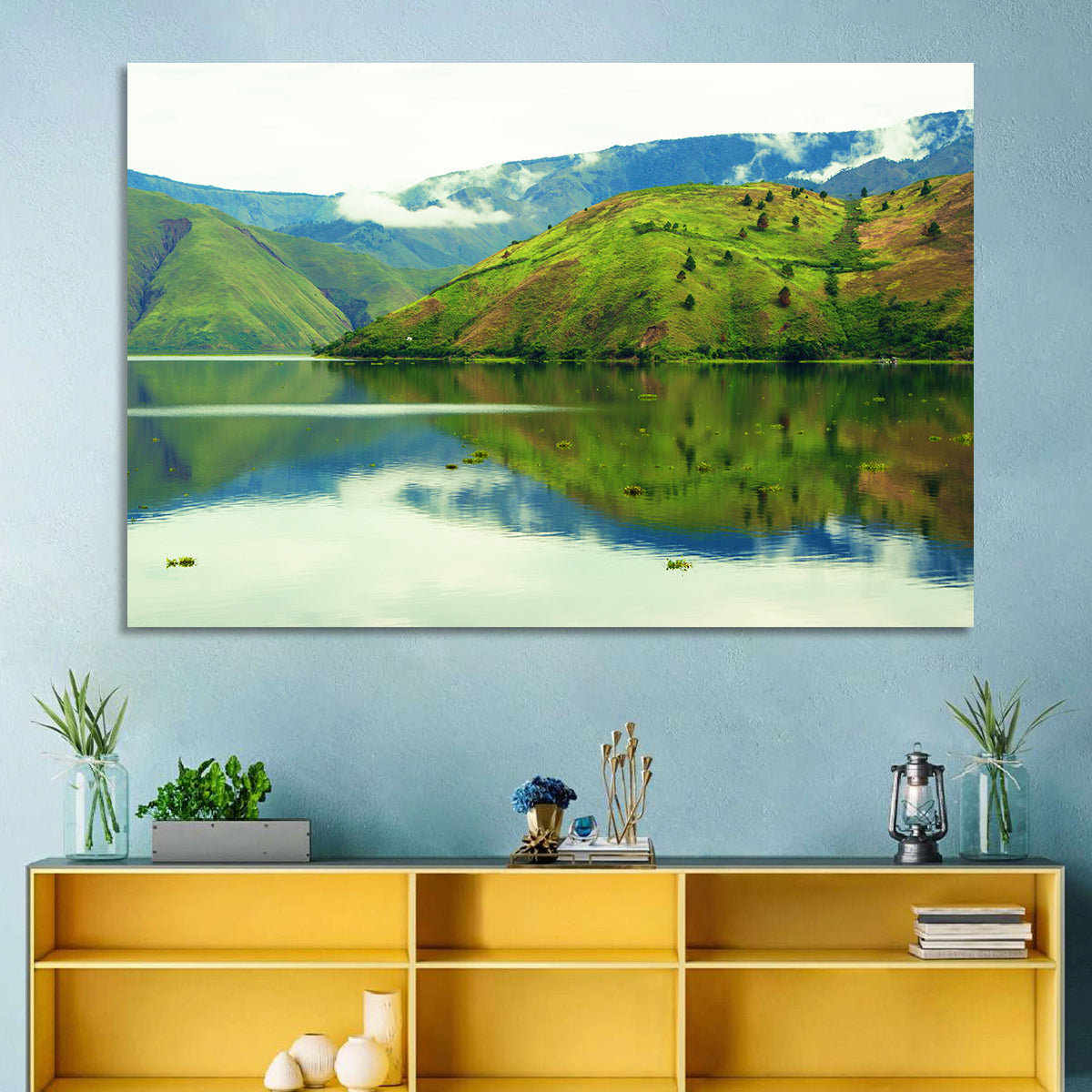 Lake Toba Reflection Wall Art in a room, landscape