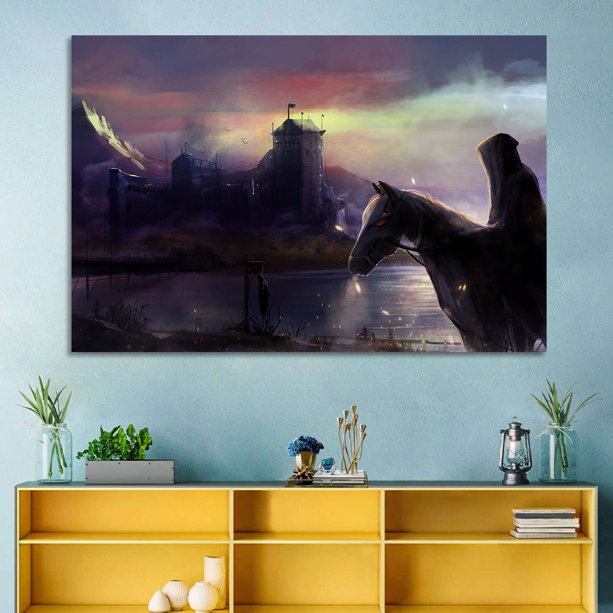 Horseman at Dusk by Misty Castle Wall Art in a room, landscape