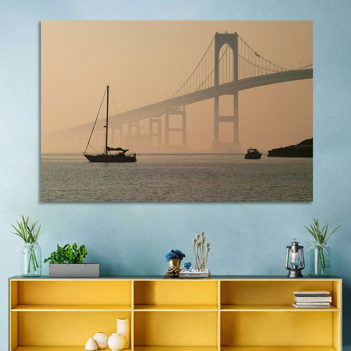 Newport Bridge in Golden Haze Wall Art in a room, landscape