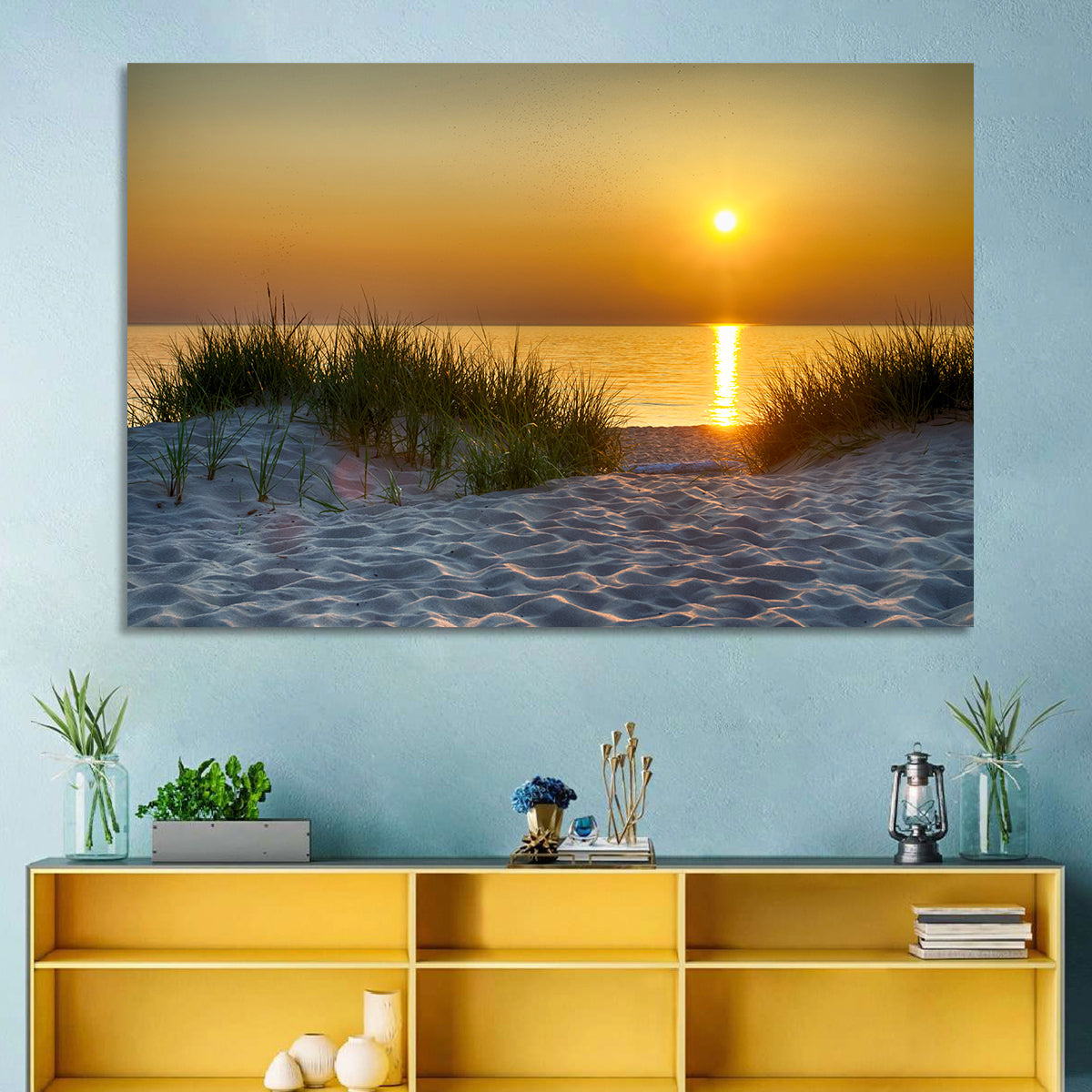 Lake Michigan Sunset Dunes Wall Art in a room, landscape