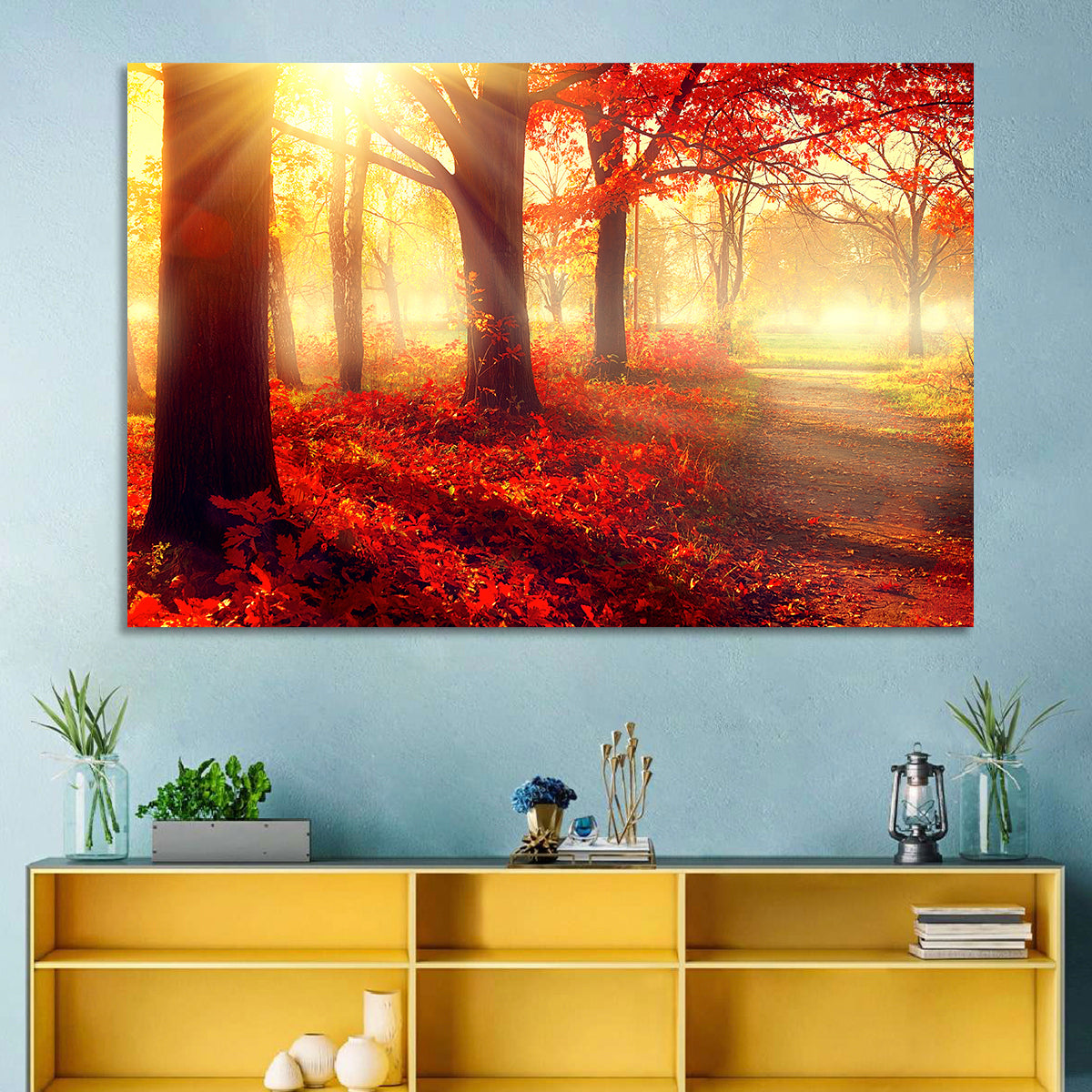 Sunlit Forest Path Wall Art in a room, landscape