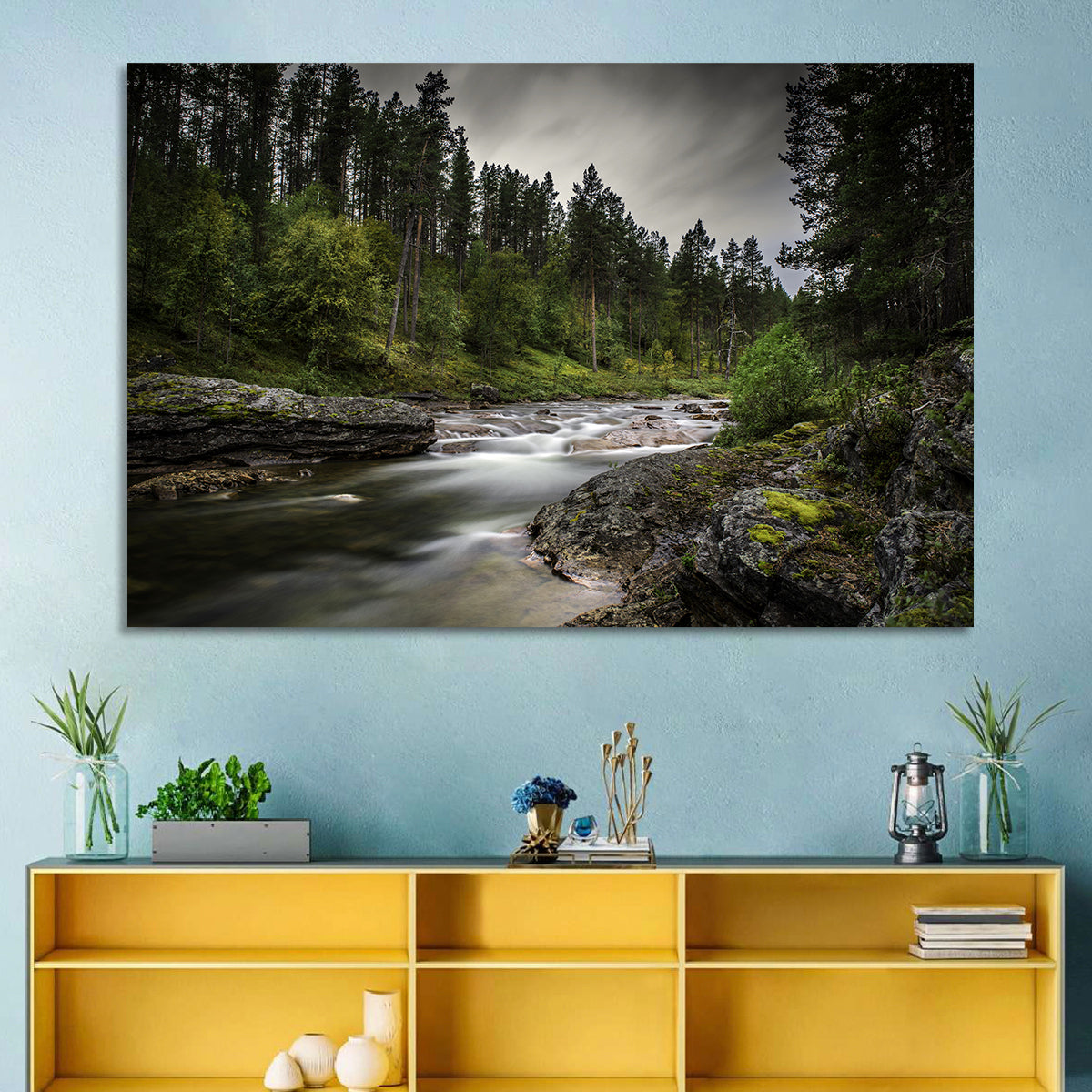 Mossy Forest Stream Wall Art in a room, landscape
