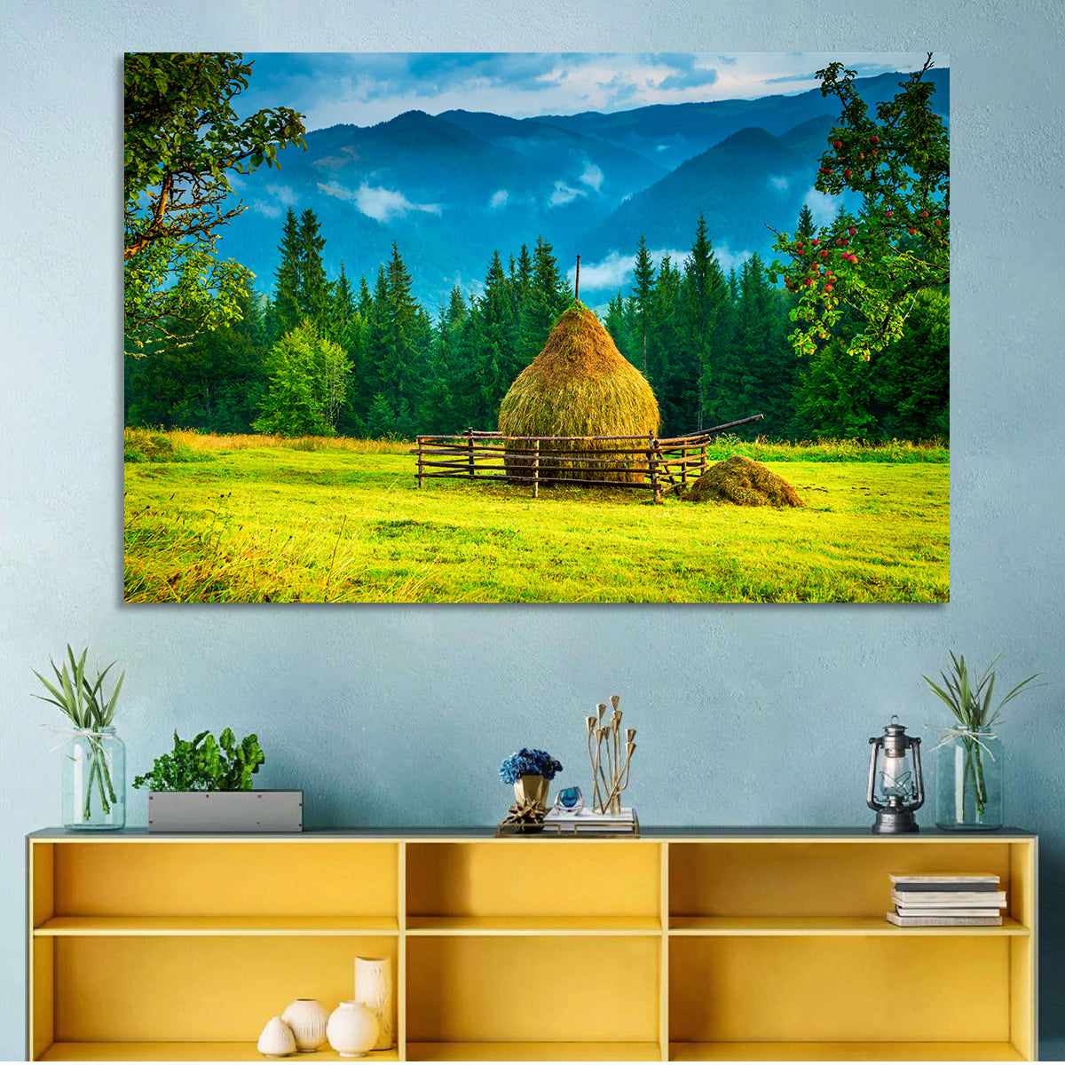 Haystack in Mountain Meadow Wall Art in a room, landscape