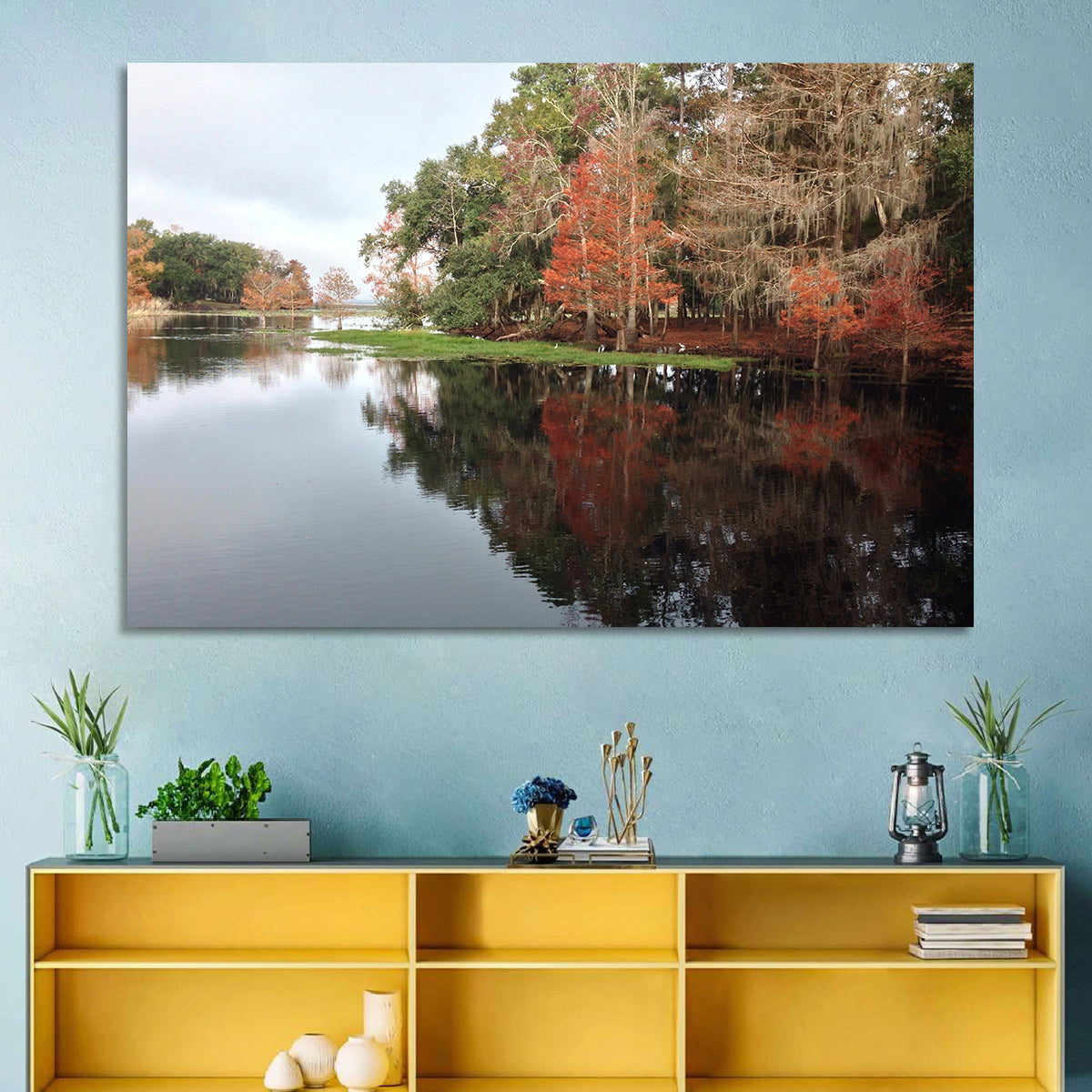 Autumn Lake Reflection Wall Art in a room, landscape