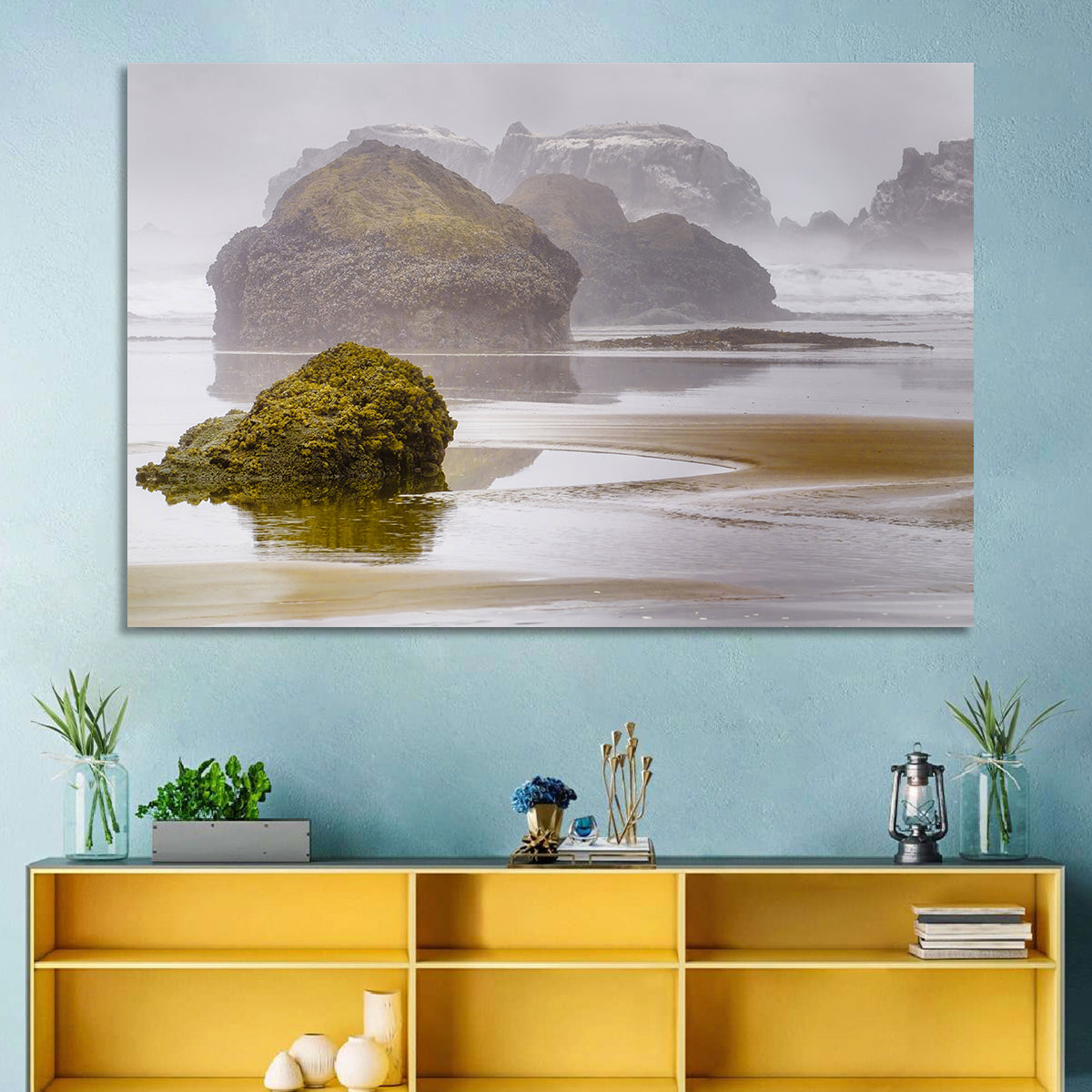 Misty Oregon Sea Stacks Wall Art in a room, landscape