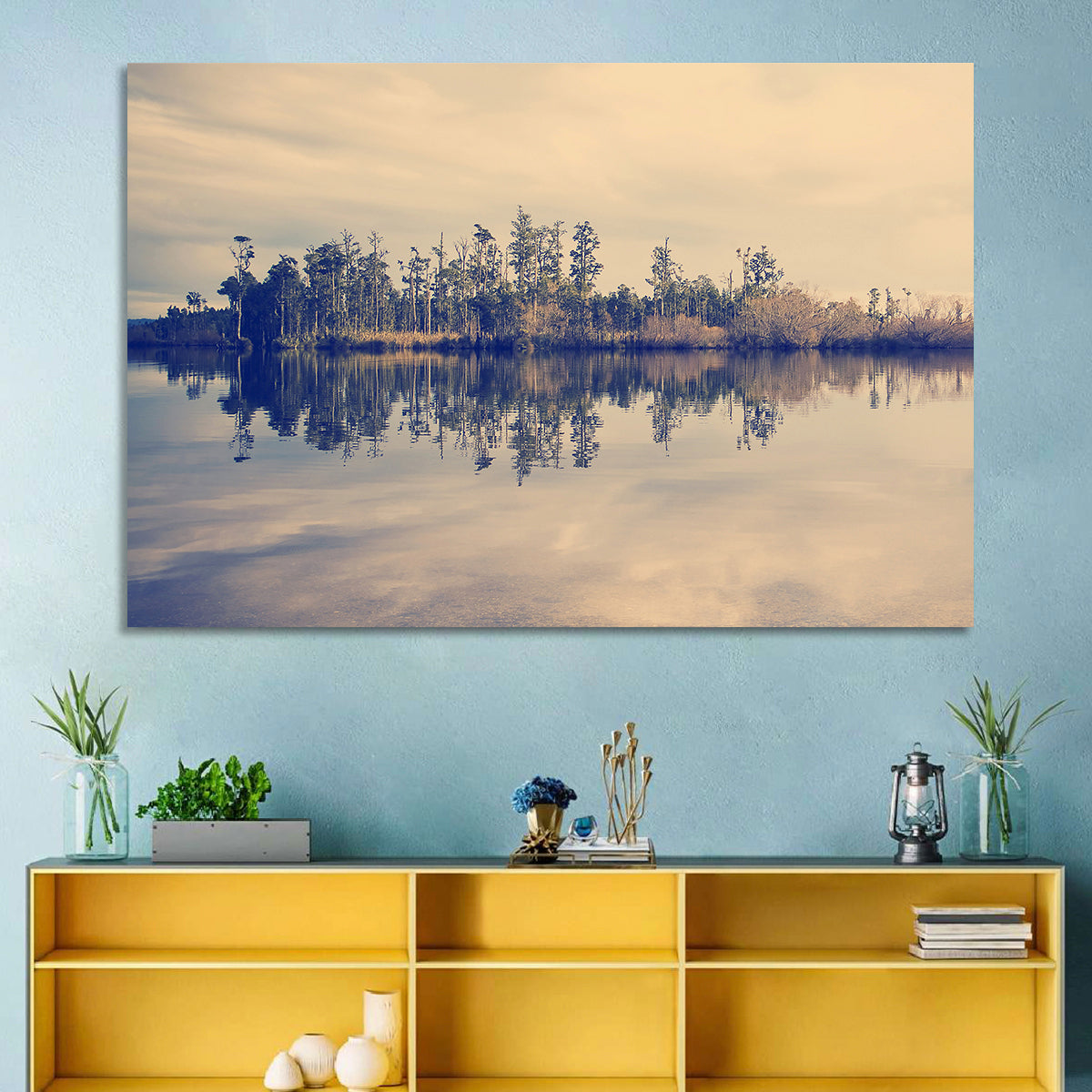 Sunset Over Forest Lake Wall Art in a room, landscape