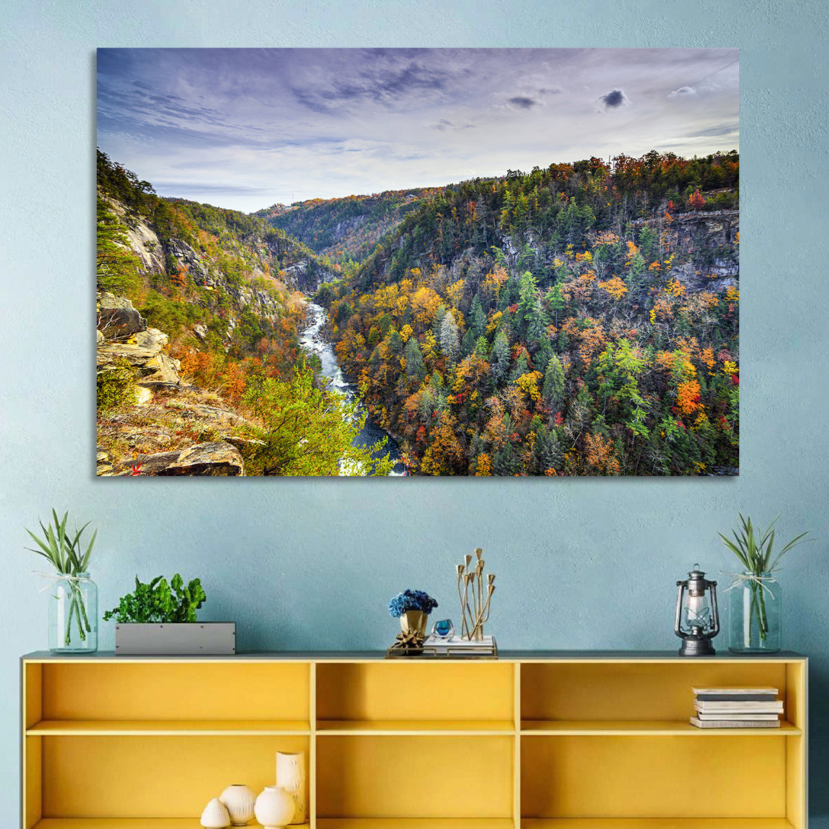 Tallulah Gorge Autumn Vista Wall Art in a room, landscape