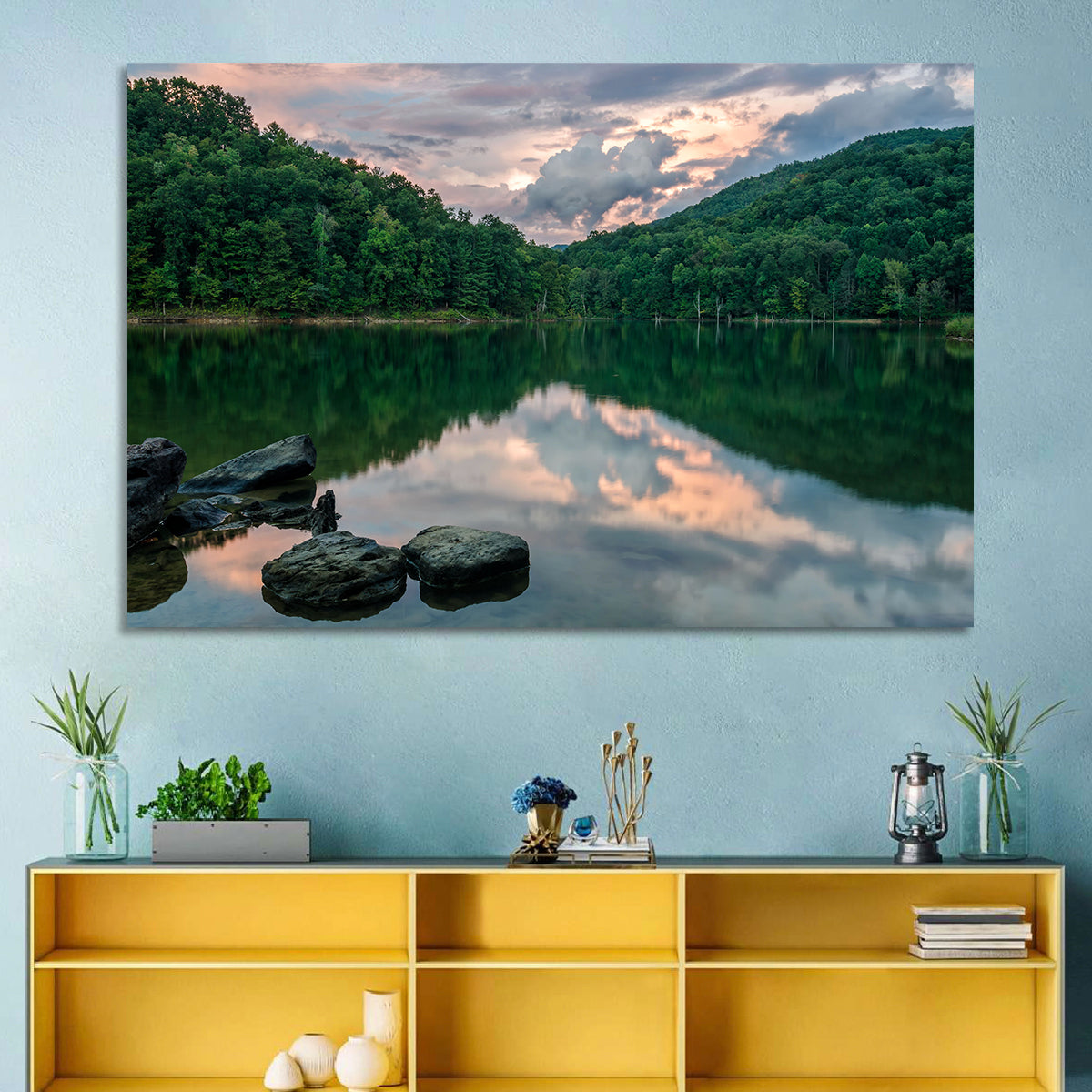 Martins Fork Lake Sunset Wall Art in a room, landscape