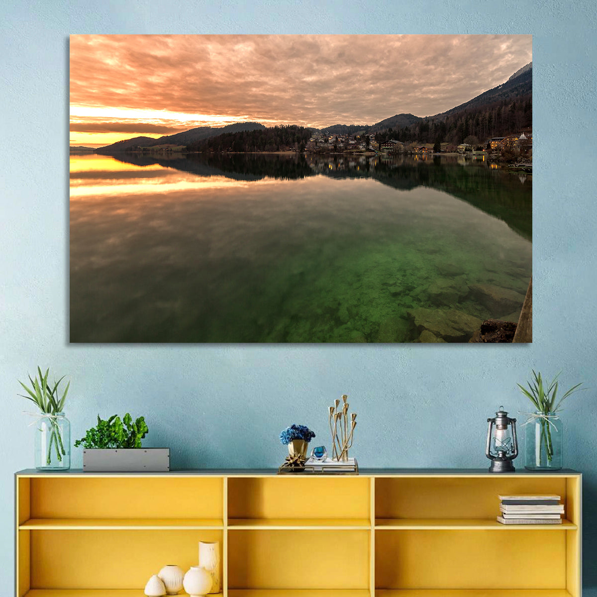 Fuschlsee Pier at Sunset Wall Art in a room, landscape