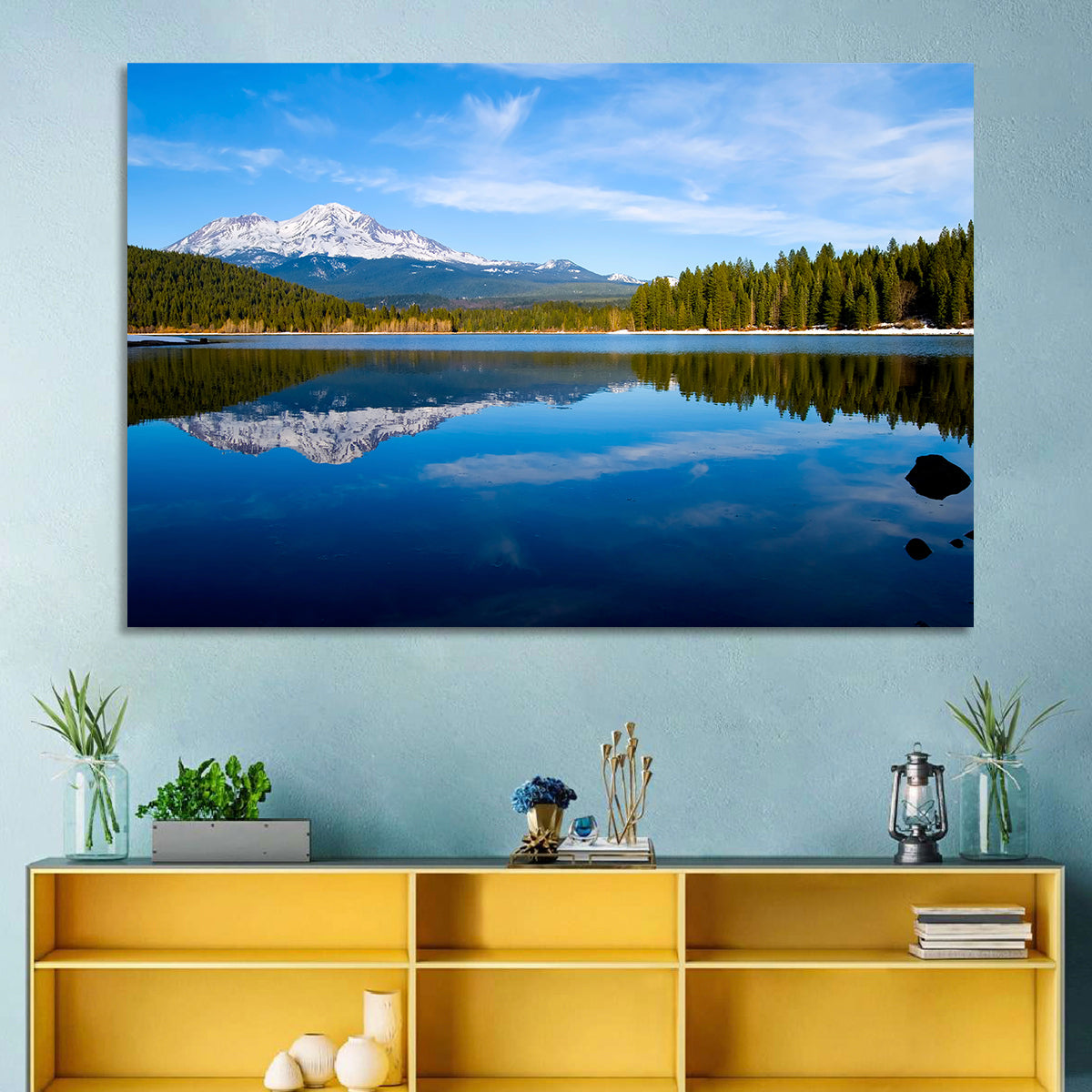 Northern California Snow Capped Lake Wall Art in a room, landscape