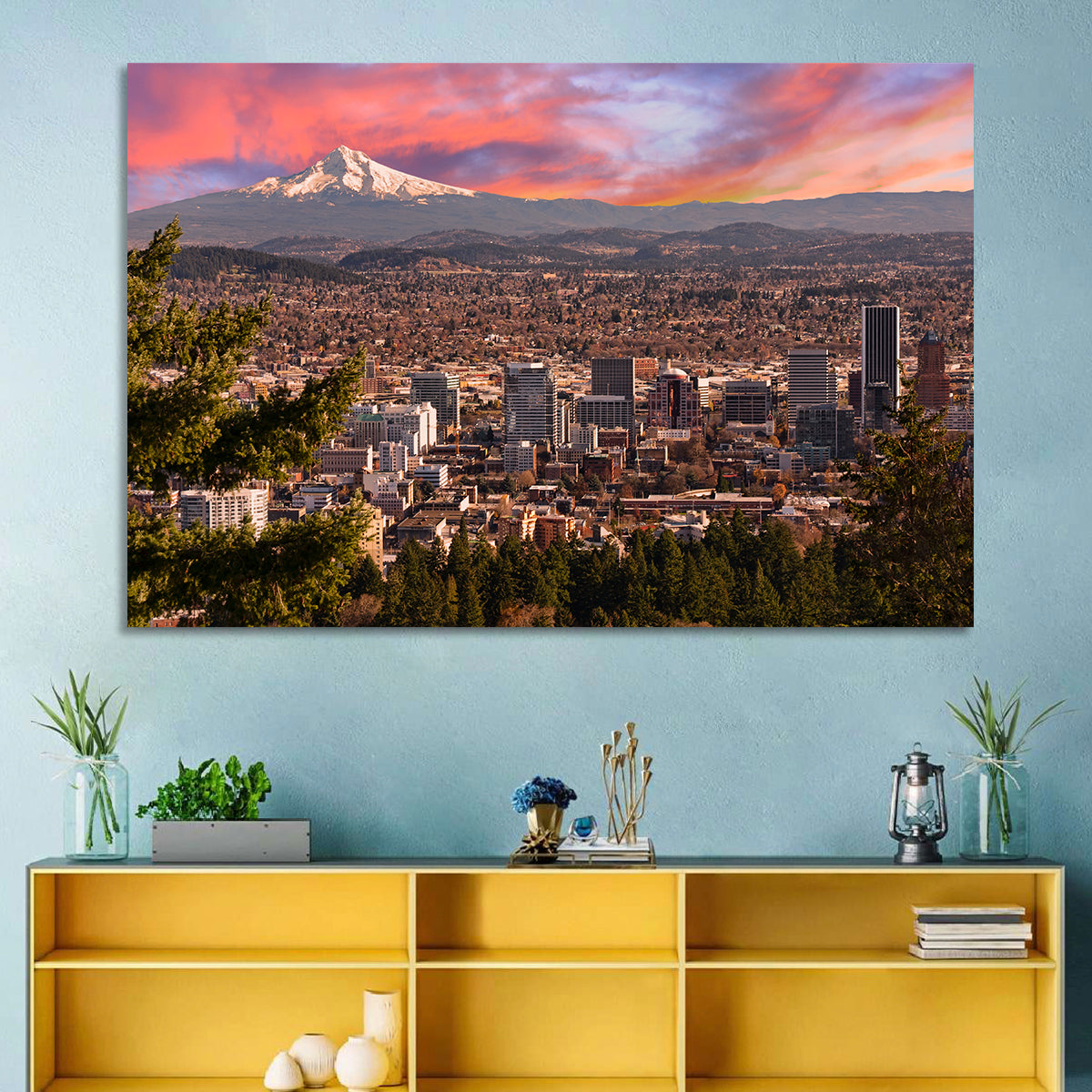 Portland Skyline at Sunset Wall Art in a room, landscape