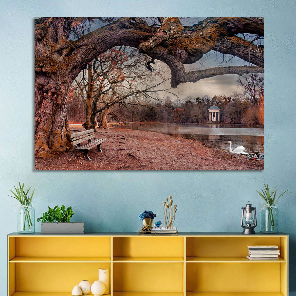 Autumn Pavilion with Swan Wall Art in a room, landscape