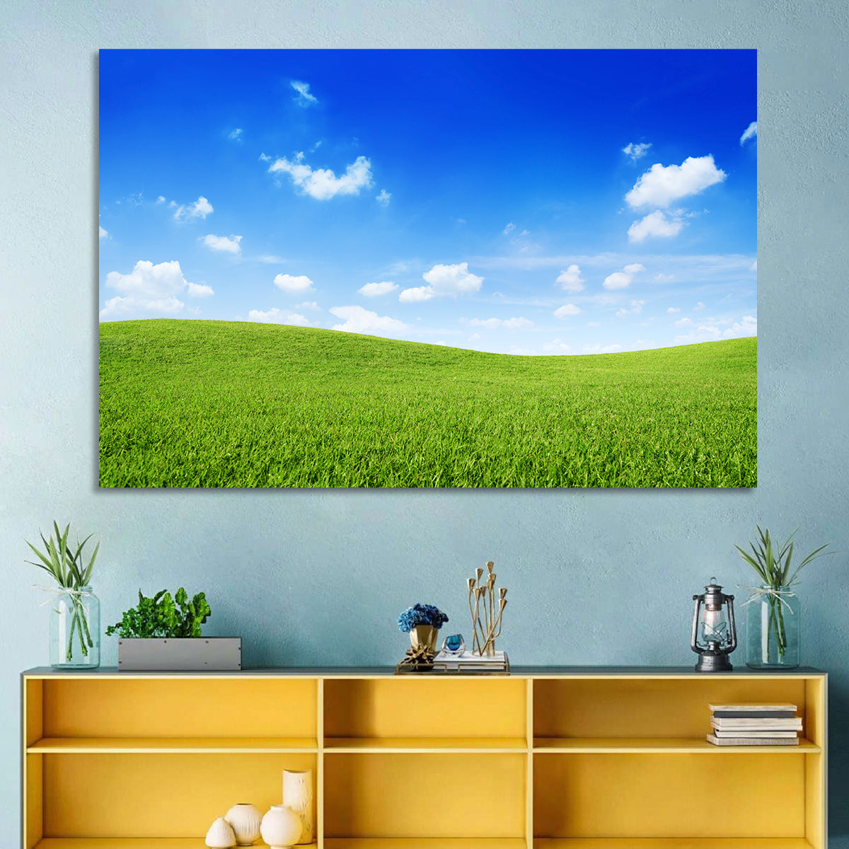 Rolling Green Meadow Under Blue Sky Wall Art in a room, landscape