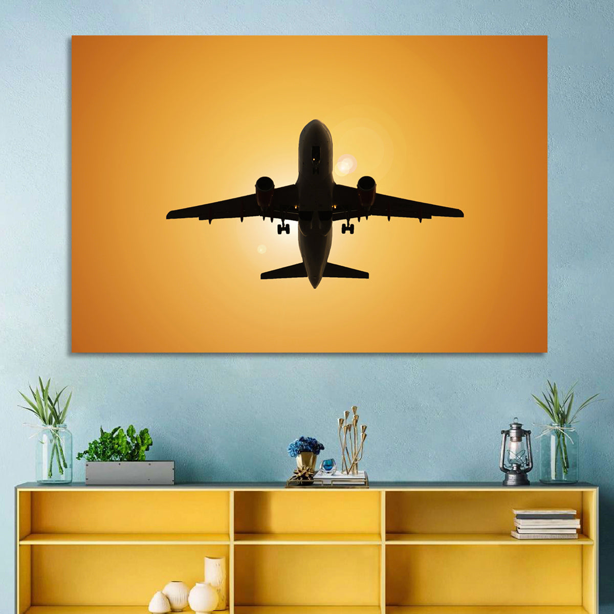Sunset Jet Silhouette Wall Art in a room, landscape