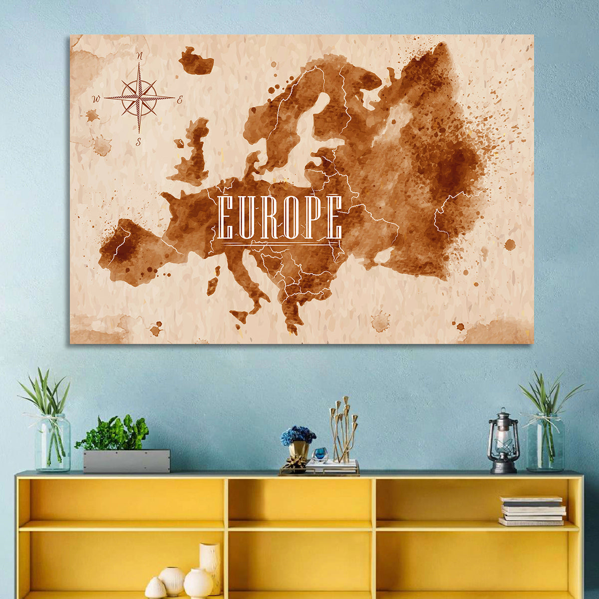 Retro Europe Map Wall Art in a room, landscape