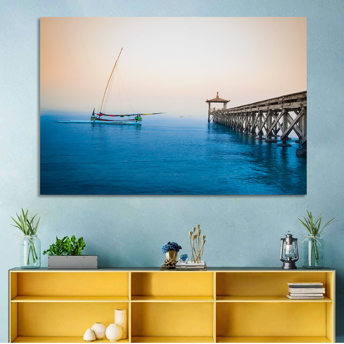 Outrigger Boat and Pier Wall Art in a room, landscape