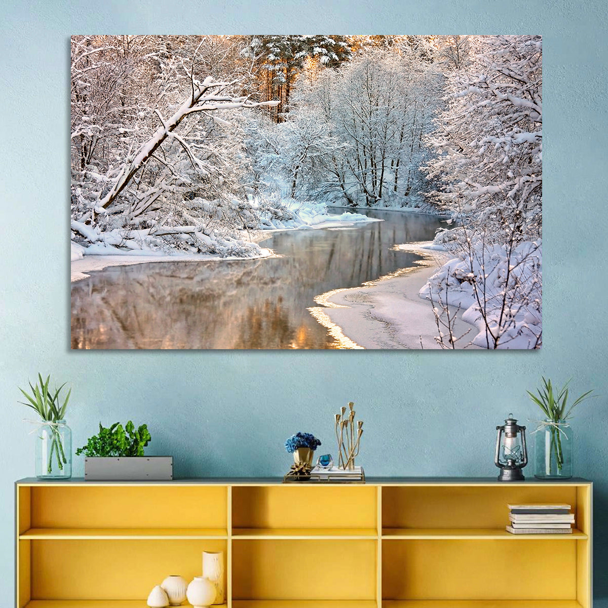 Snow-covered Stream at Golden Hour Wall Art