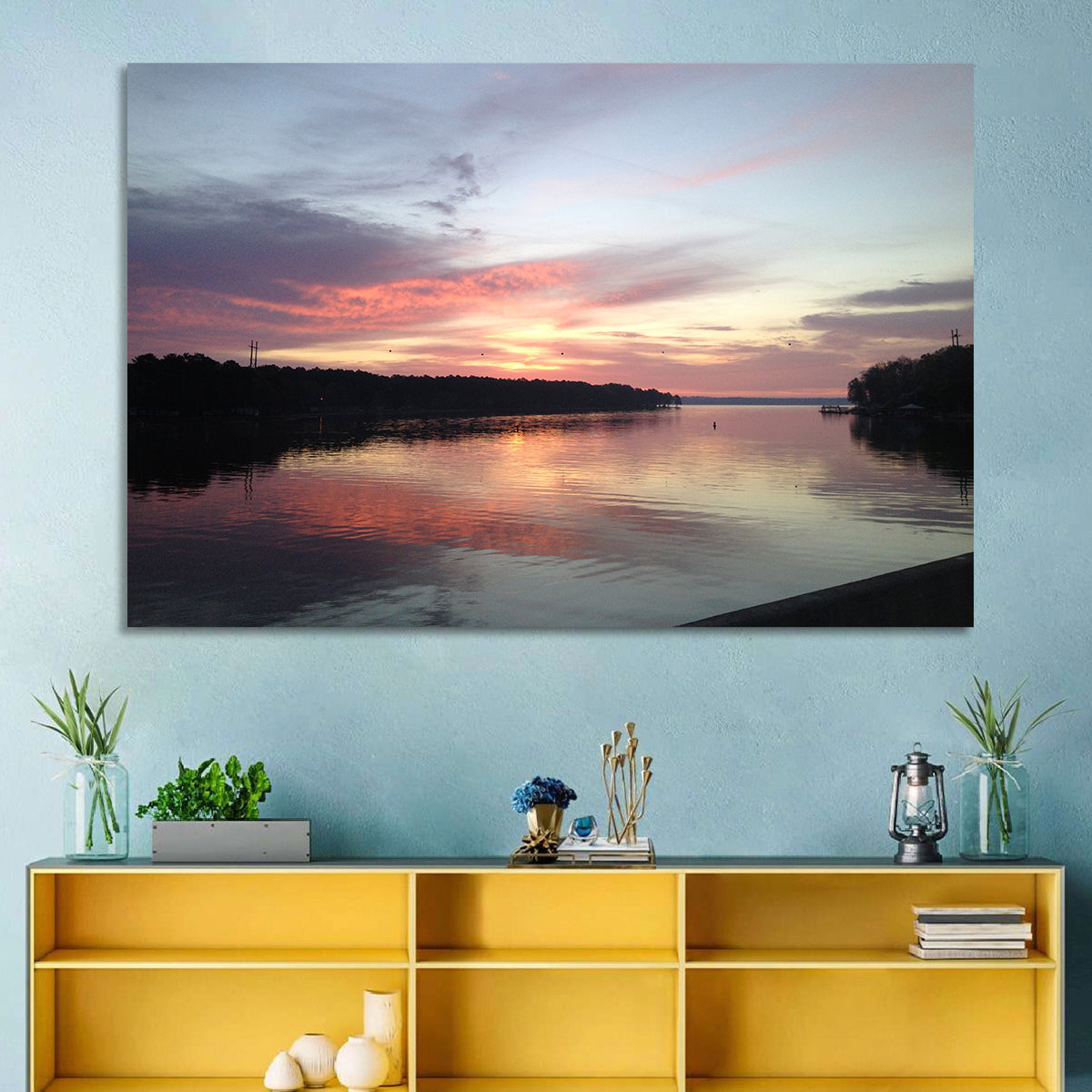 Lake Eufaula Sunset Wall Art in a room, landscape