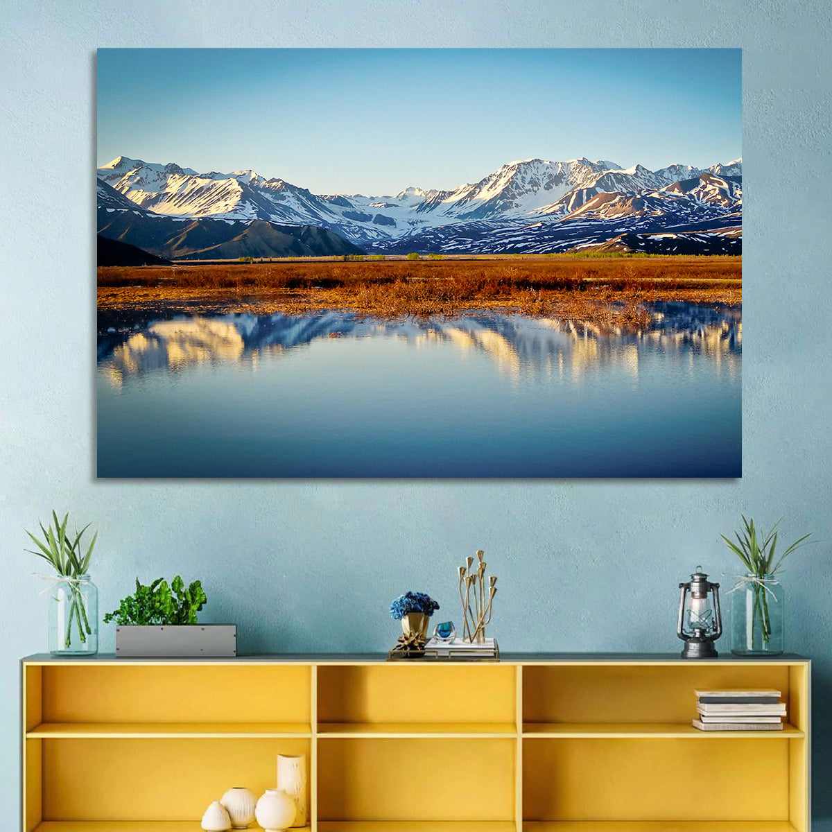 Summit Lake Reflection Wall Art in a room, landscape