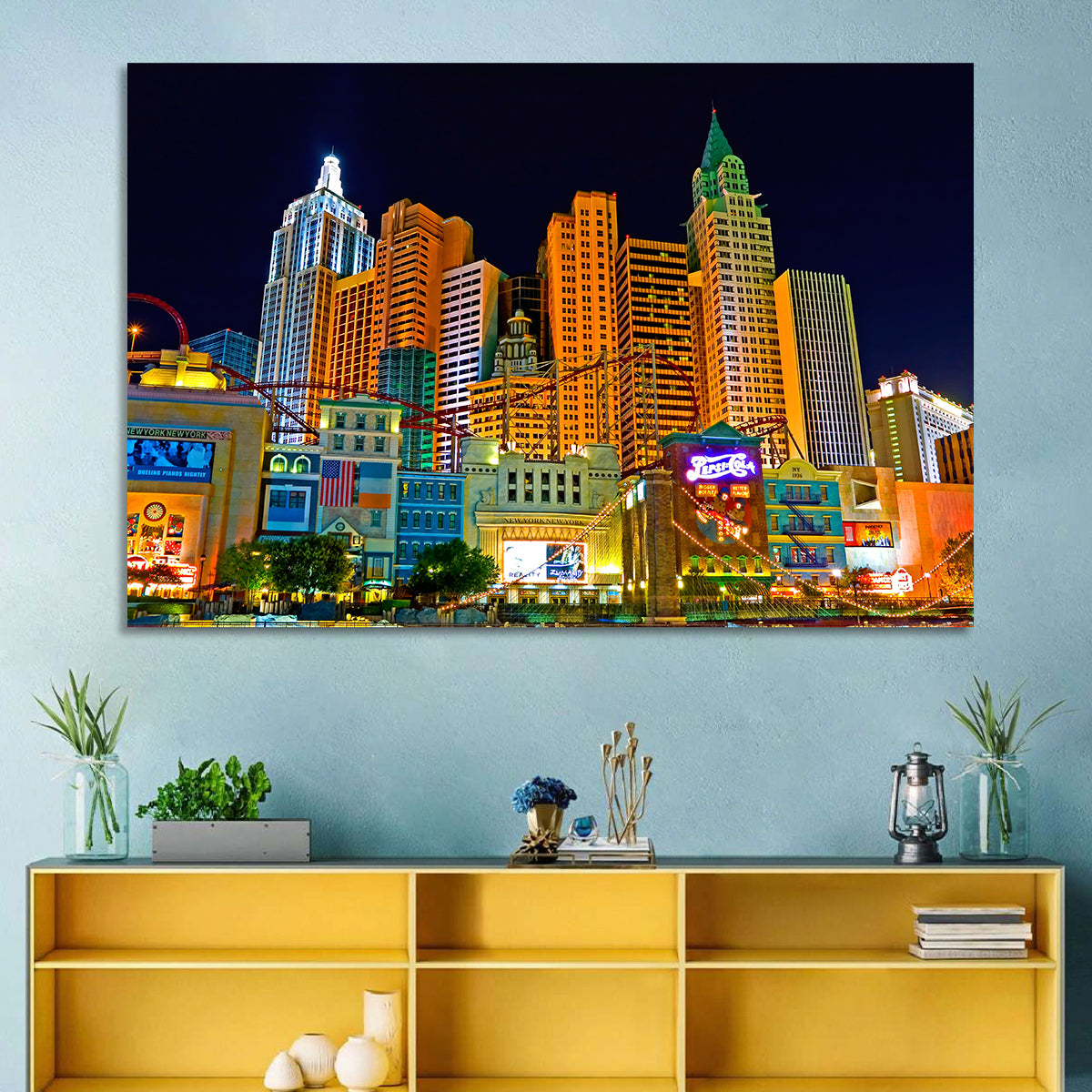 Las Vegas Big Apple Coaster at Night Wall Art in a room, landscape