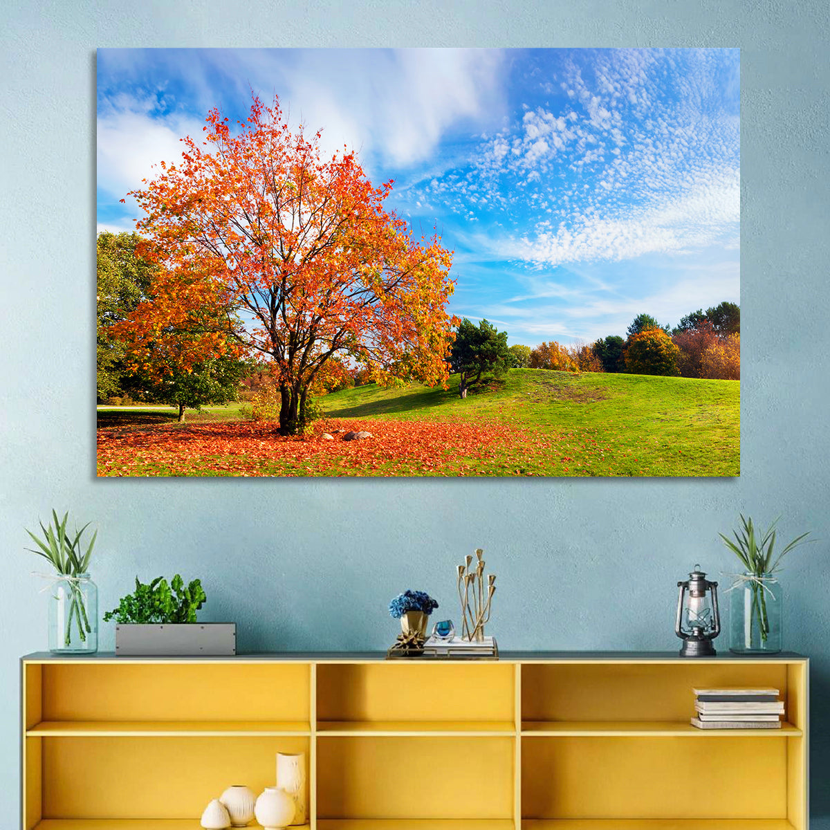 Orange Maple on Rolling Hill Wall Art in a room, landscape