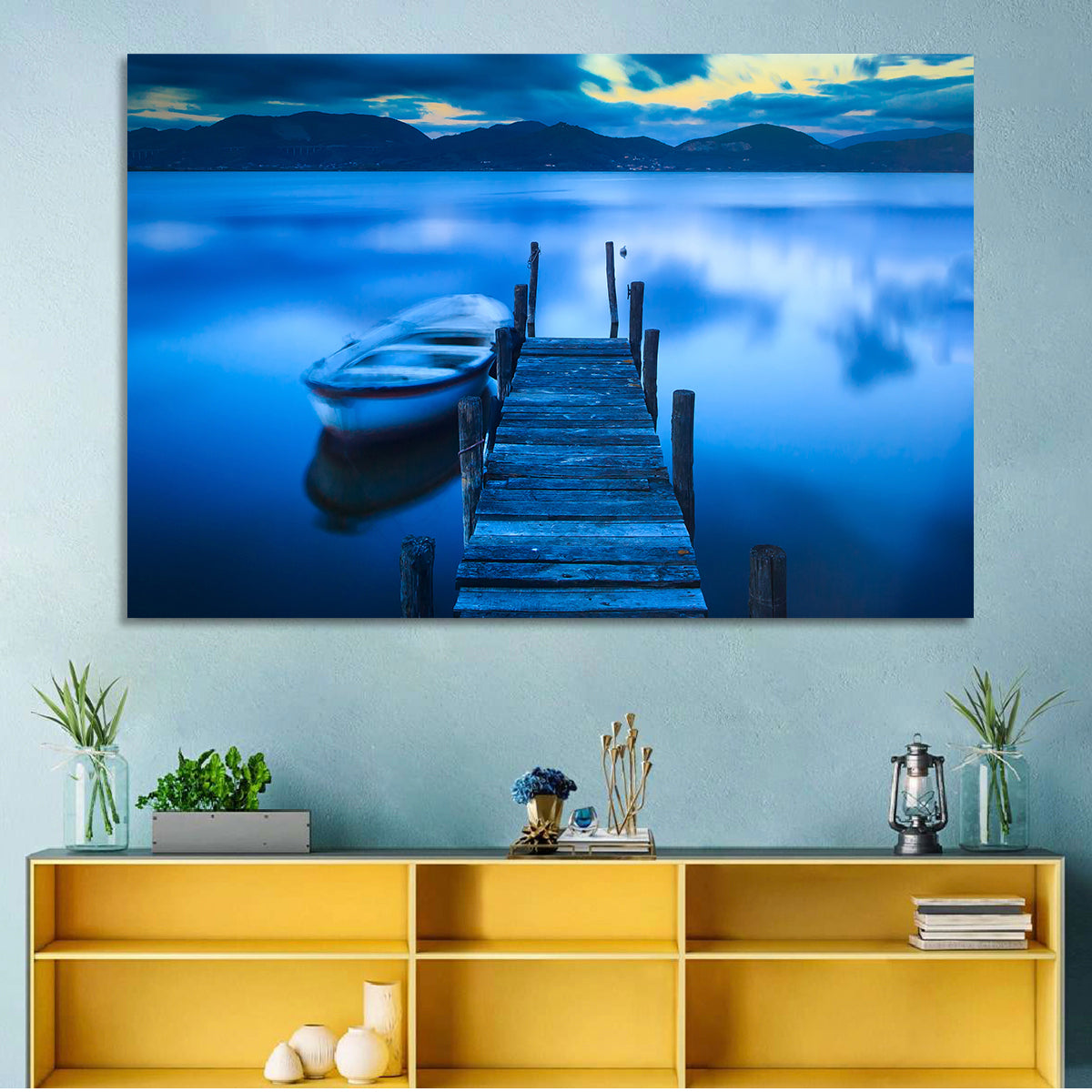 Boat and Wooden Pier Wall Art in a room, landscape