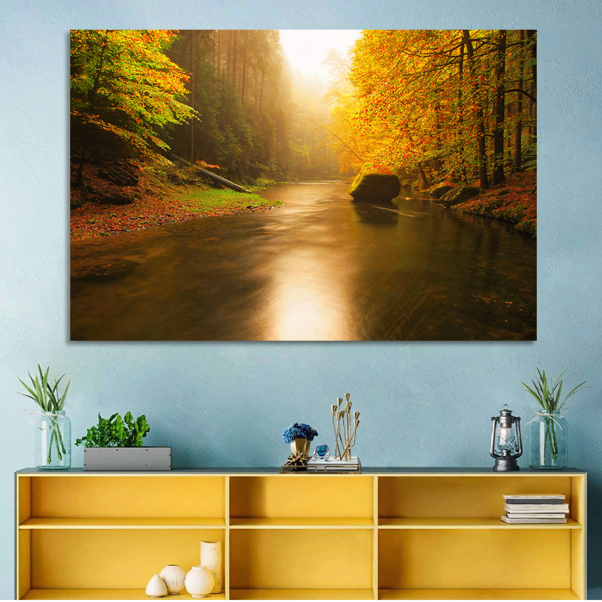 Misty Mountain River Wall Art in a room, landscape