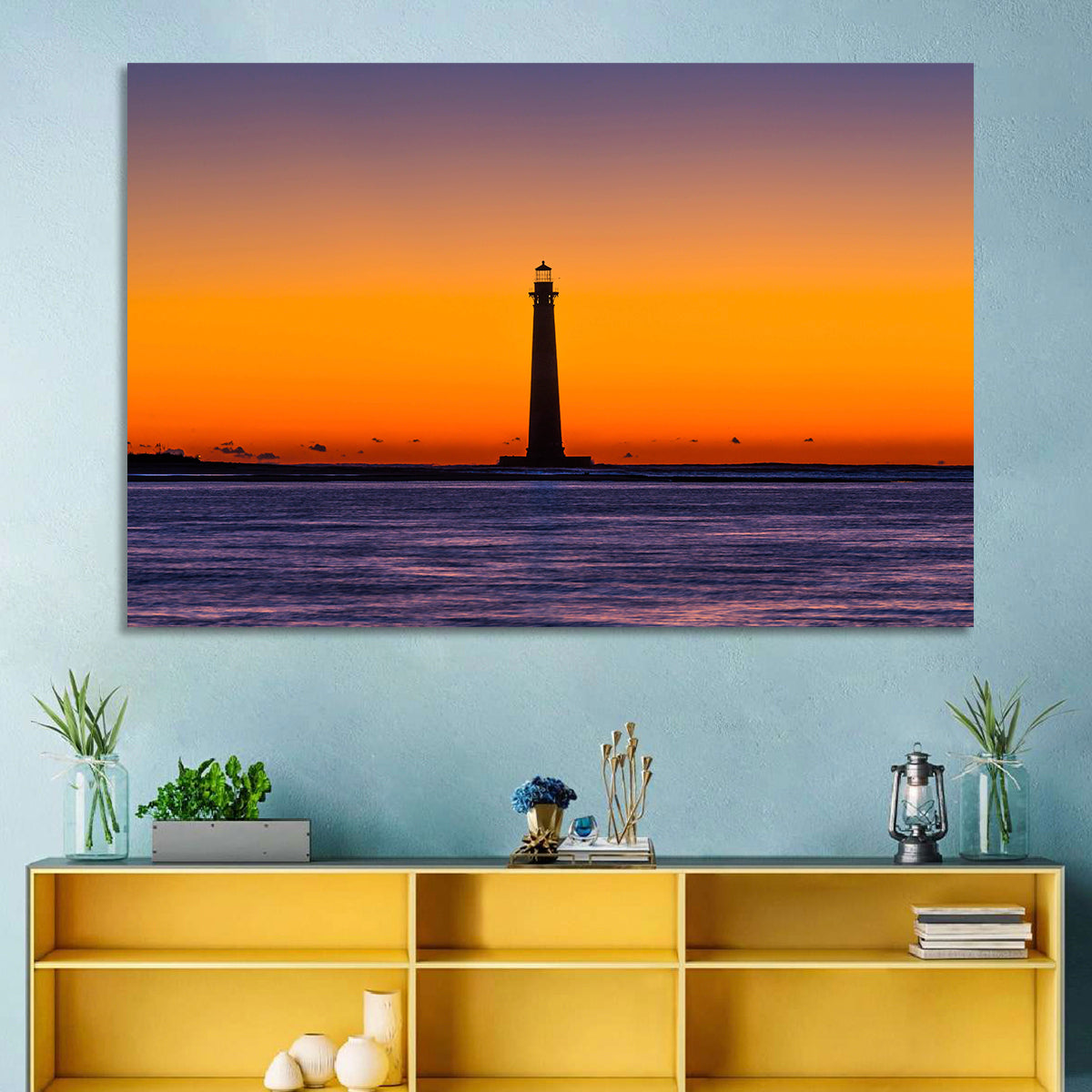 Minimalist Lighthouse Silhouette at Twilight Wall Art in a room, landscape