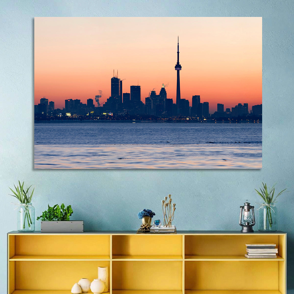 Toronto Dusk Skyline with Cn Tower Wall Art in a room, landscape