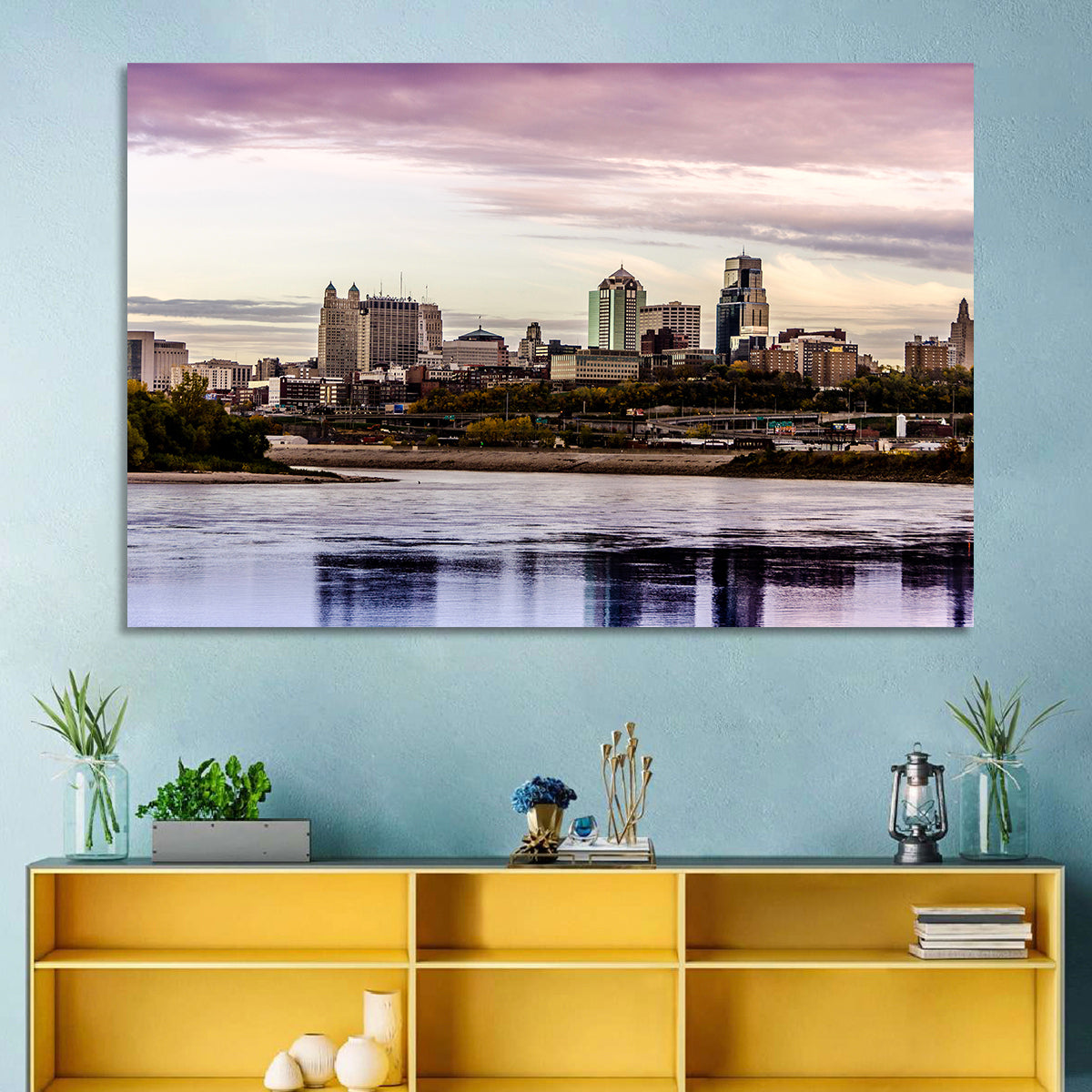 Kansas City Skyline at Dusk Wall Art in a room, landscape