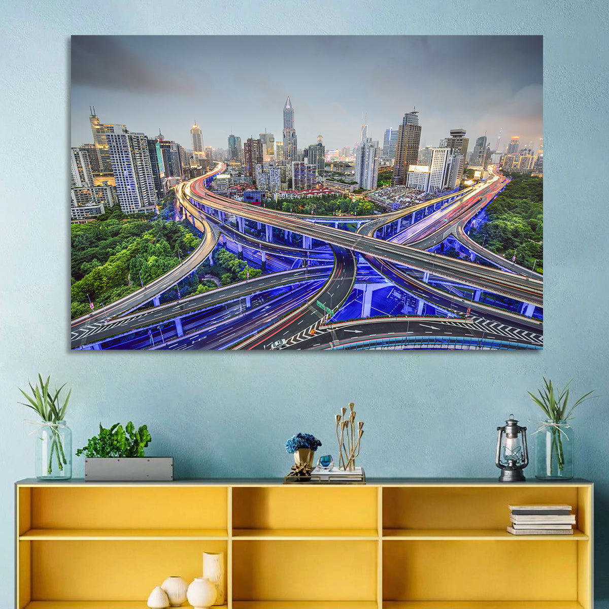 Shanghai Dusk Interchange Cityscape Wall Art in a room, landscape