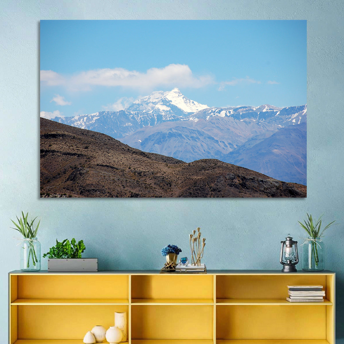 Snow-capped Mount Aconcagua Wall Art in a room, landscape