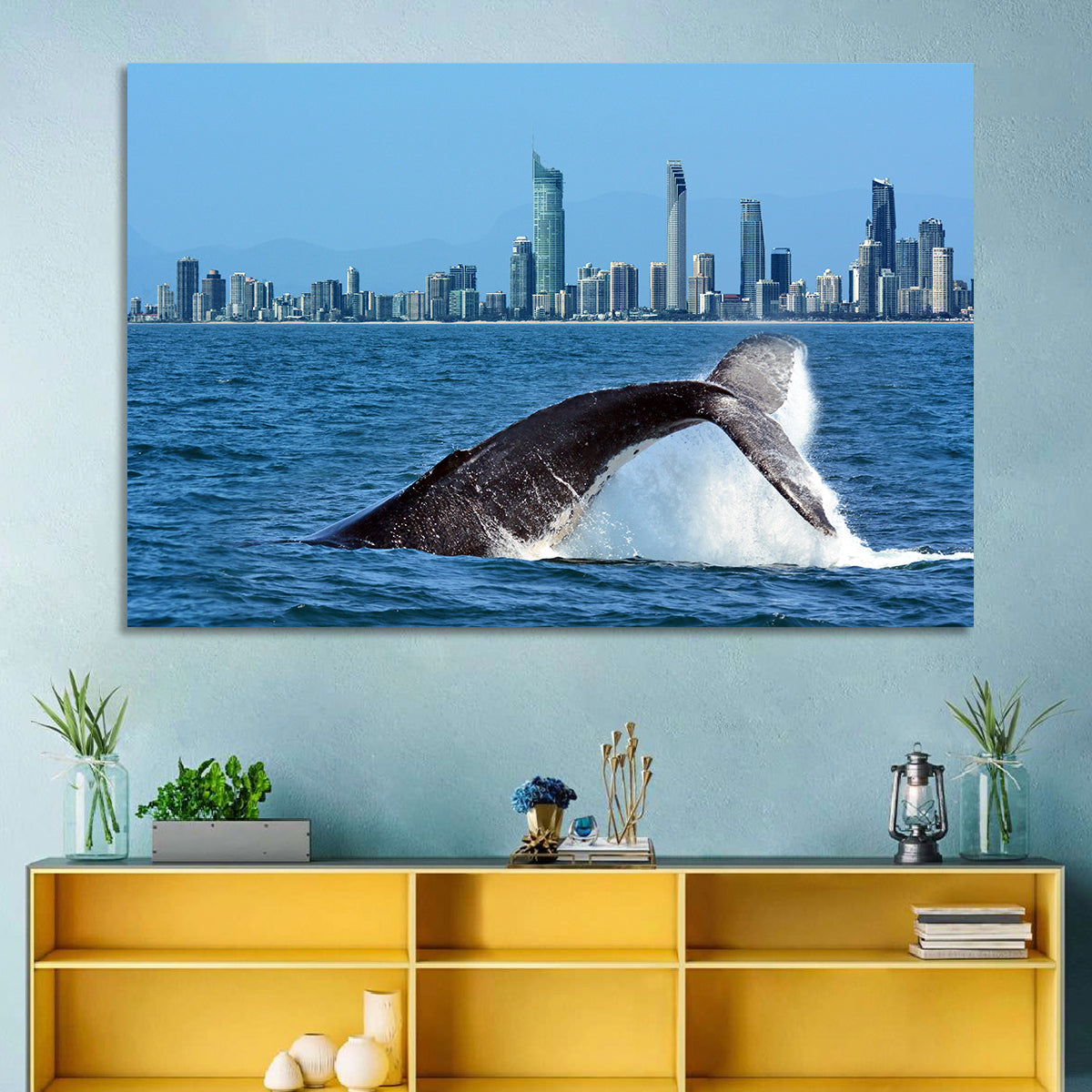Gold Coast Whale and Skyline Wall Art in a room, landscape