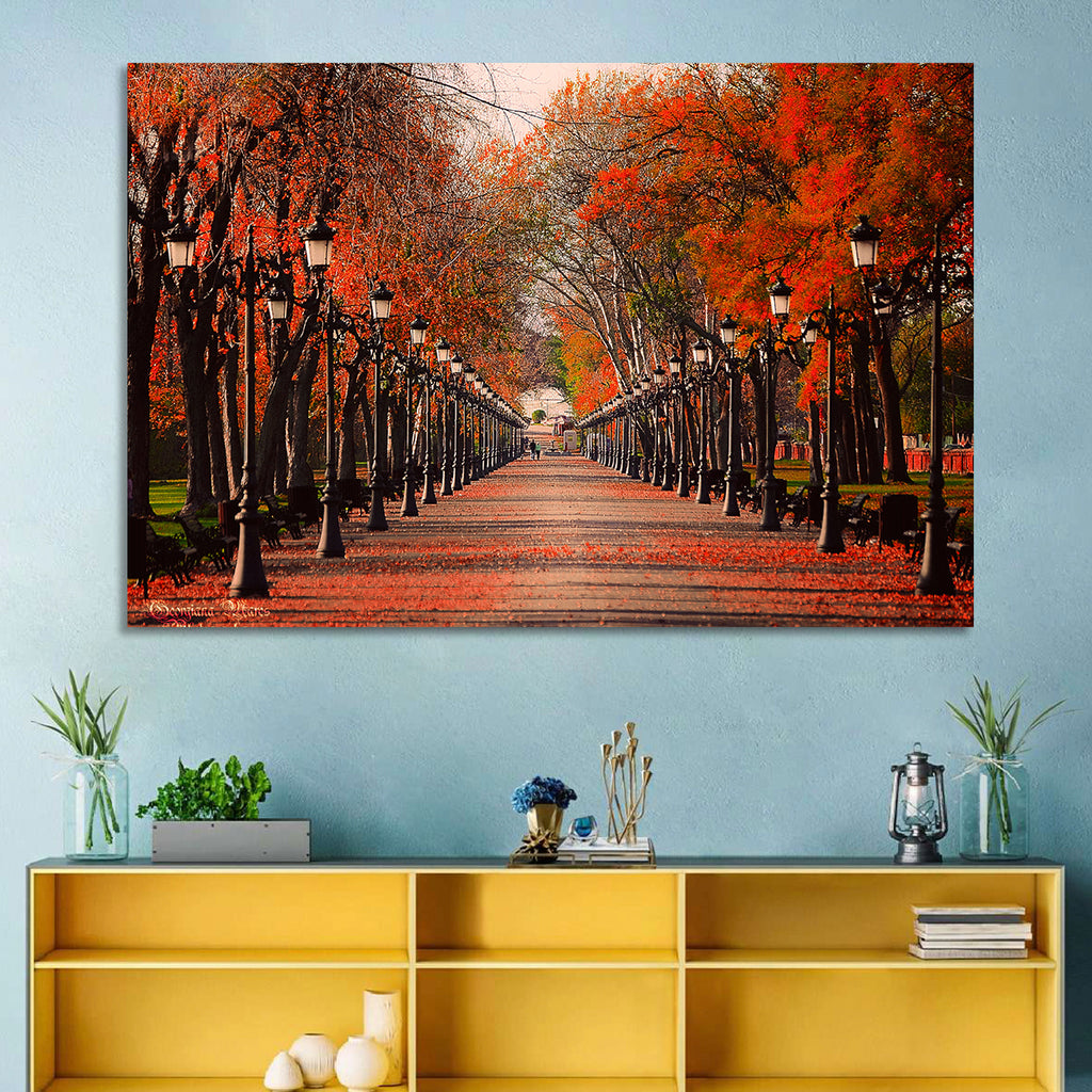Autumn Park Path with Vintage Lampposts Wall Art