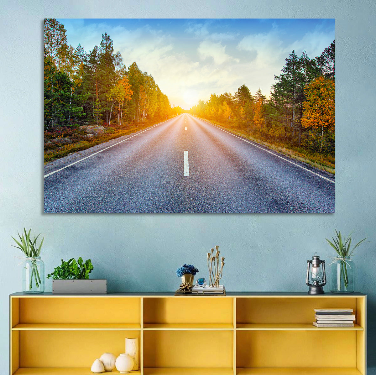 Sunlit Autumn Forest Road Wall Art in a room, landscape