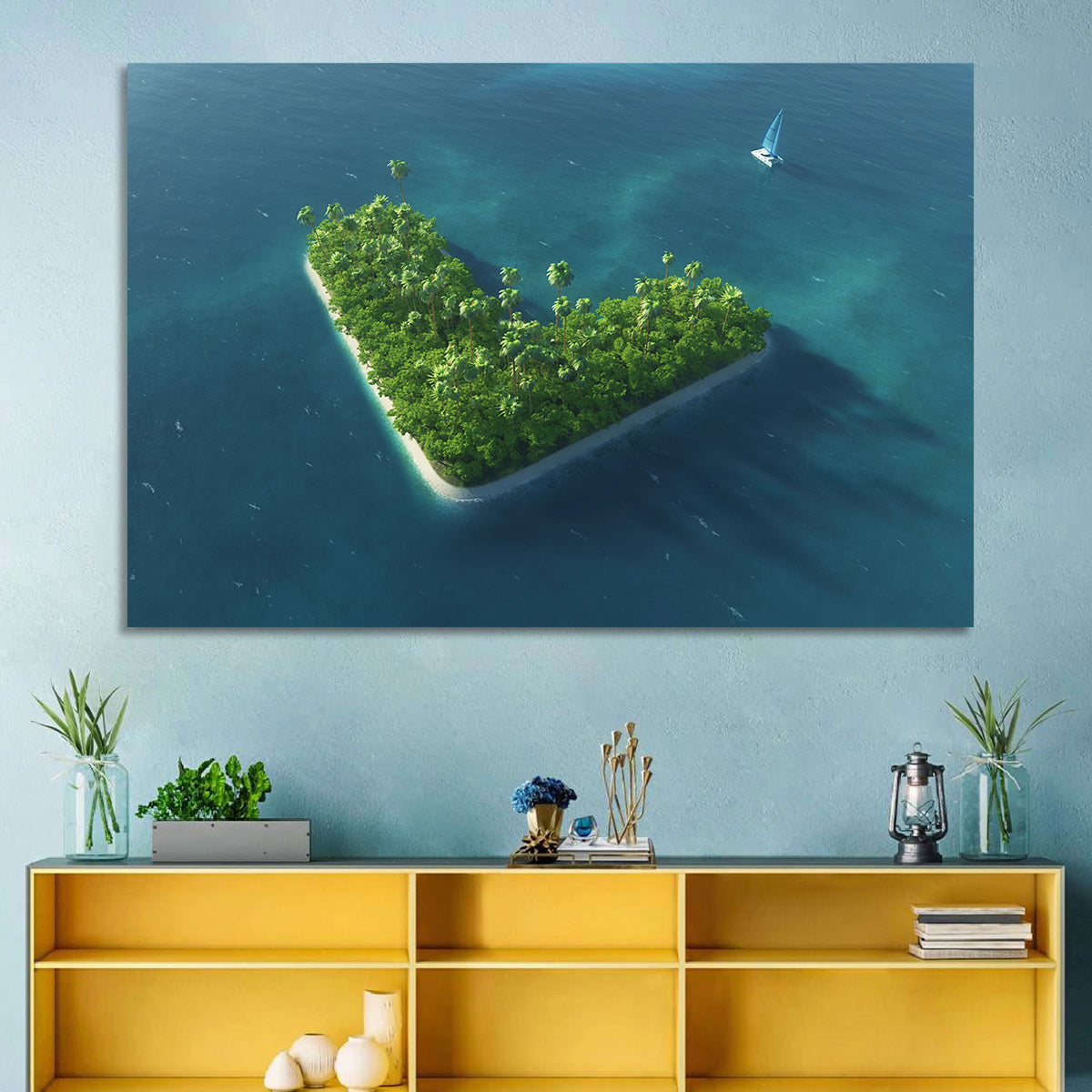 V-shaped Tropical Island with Distant Catamaran Wall Art in a room, landscape