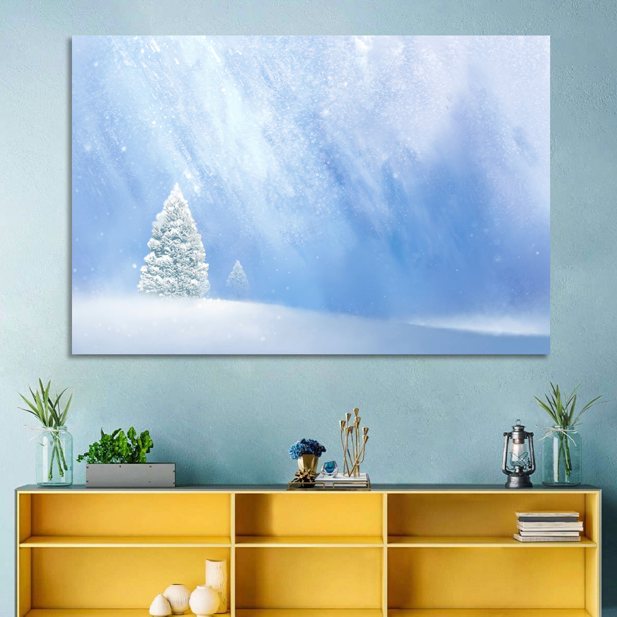Two Snowy Evergreens Wall Art in a room, landscape