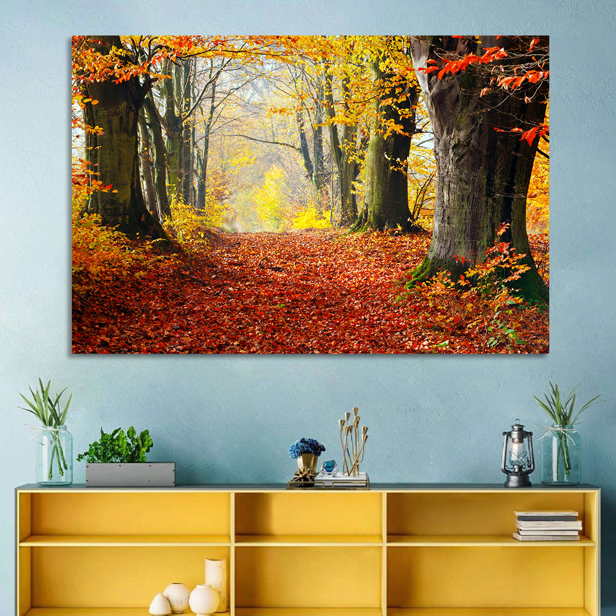Misty Autumn Forest Path Wall Art in a room, landscape