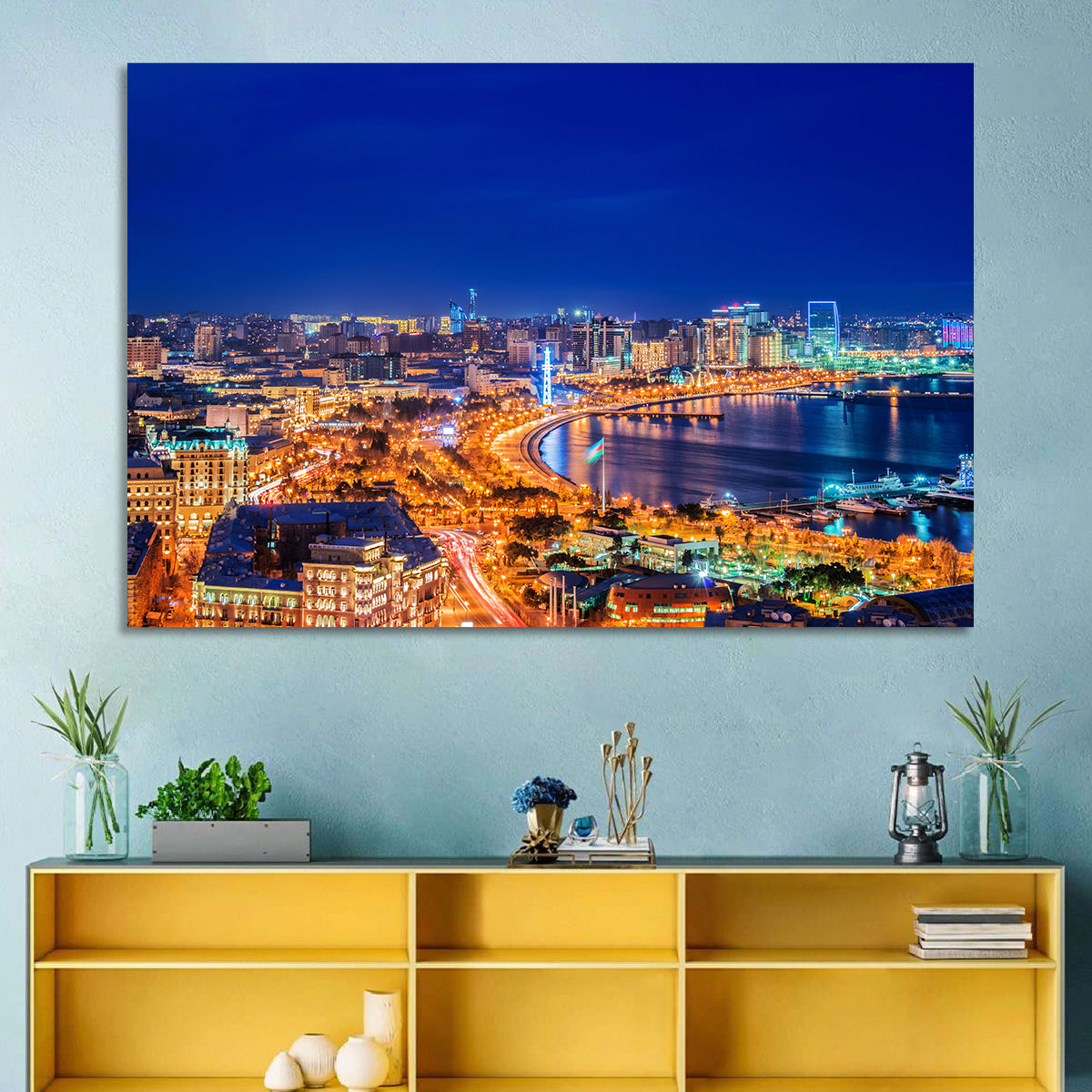 Baku Night Skyline Wall Art in a room, landscape