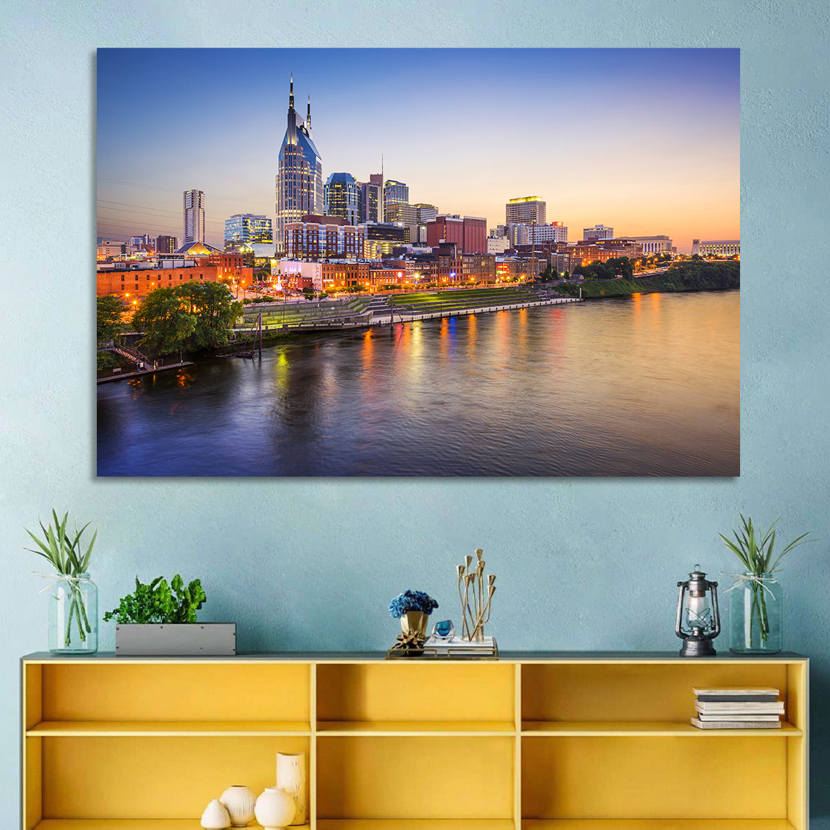 Nashville Skyline Over the Cumberland River Wall Art in a room, landscape