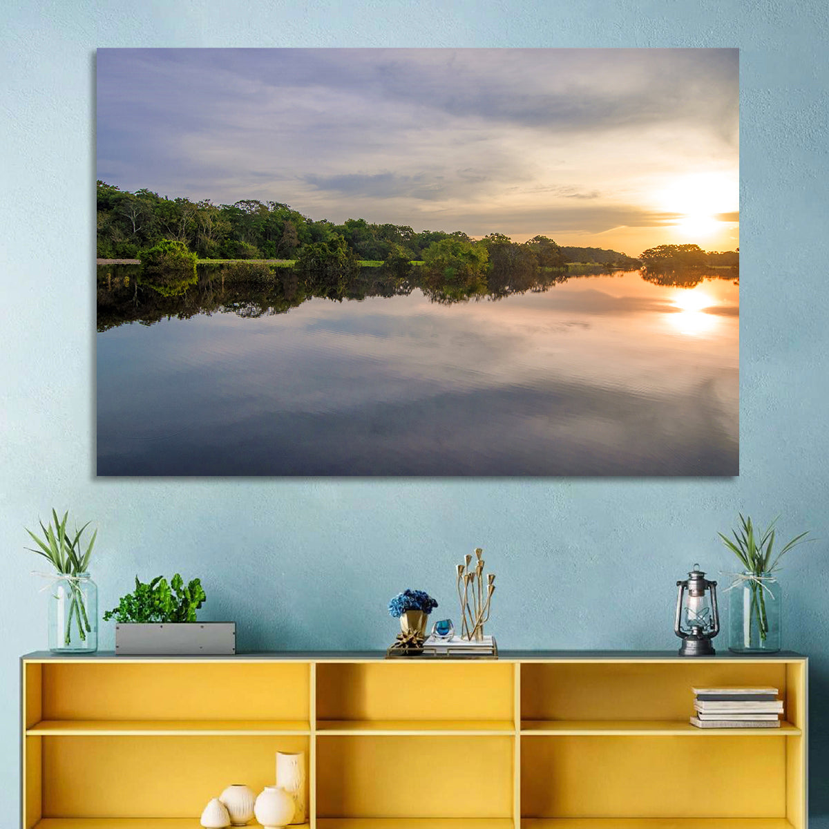 Amazon River Sunset Reflection Wall Art in a room, landscape