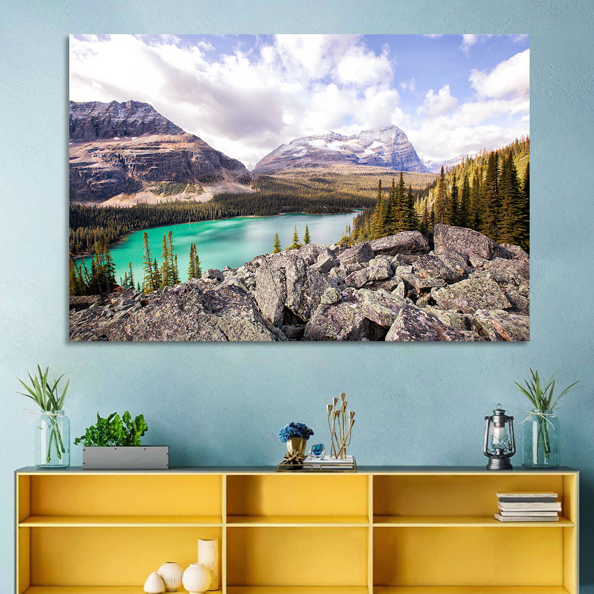 Lake Ohara Rocky Shore Wall Art in a room, landscape