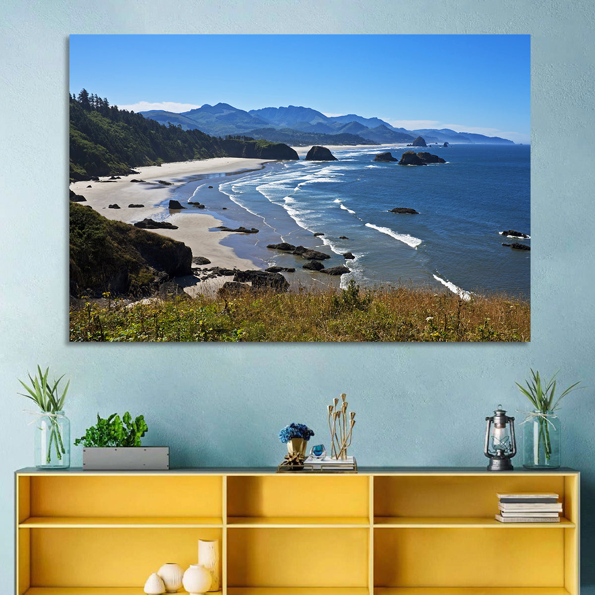 Cannon Beach Morning Shoreline Wall Art in a room, landscape