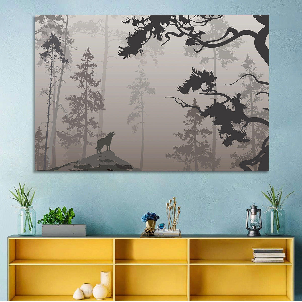 Howling Wolf in Misty Forest Wall Art in a room, landscape