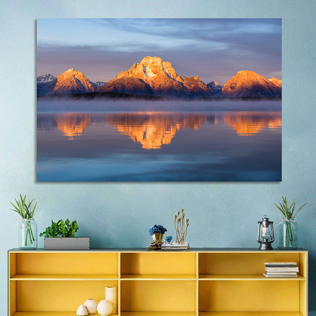 Mount Moran Sunrise Over Jackson Lake Wall Art in a room, landscape