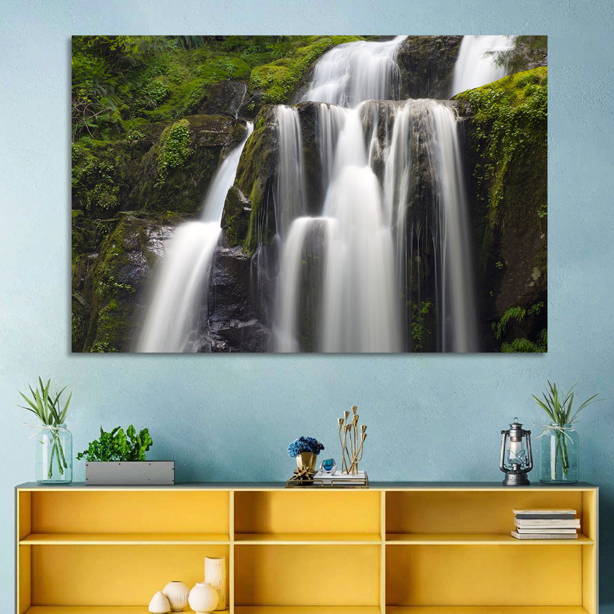 Mossy Kentucky Waterfall Wall Art in a room, landscape