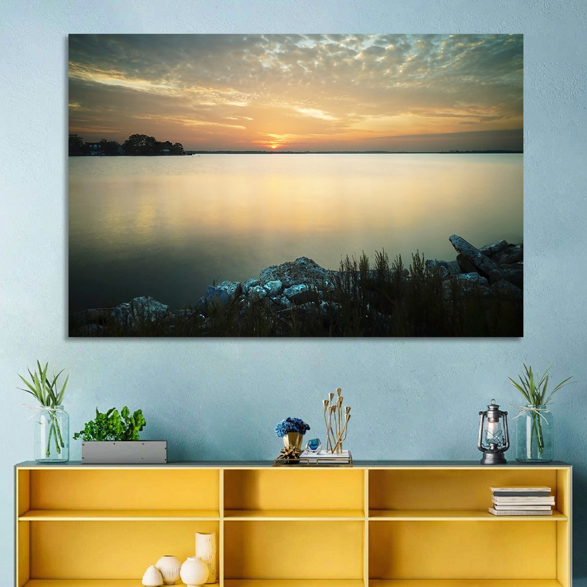 Lake Conroe Sunset Reflection Wall Art in a room, landscape