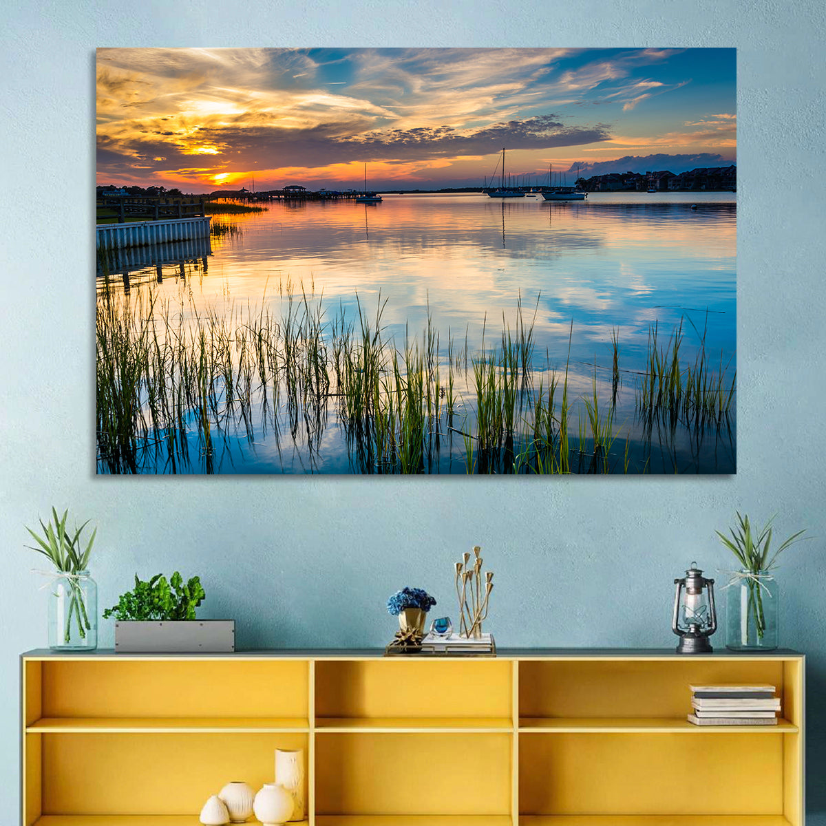 Folly River Sunset Reflection Wall Art in a room, landscape